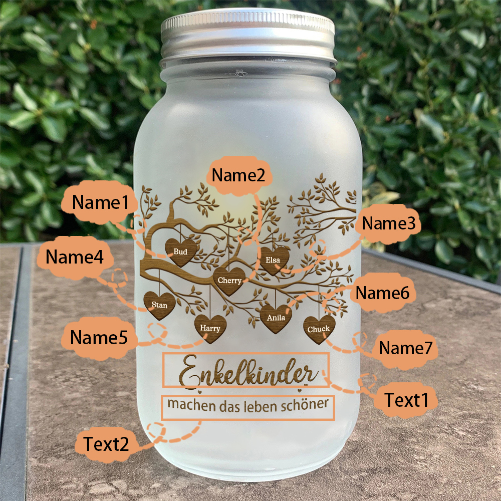 Personalisierte 7 Namen & 2 Texte Glasflasche-Enkelkinder machen das Leben schöner-Weihnachten Licht mit Lebensbaum für Großeltern Familie