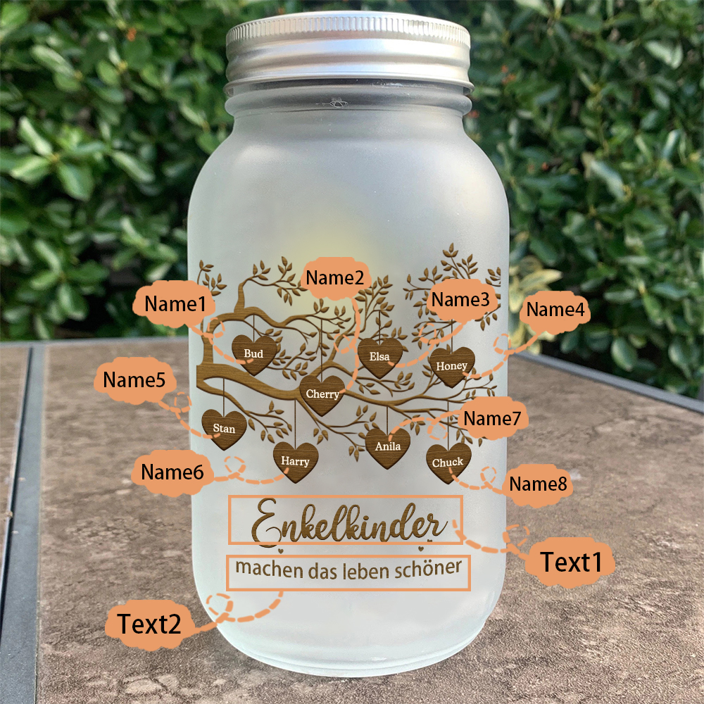 Personalisierte 8 Namen & 2 Texte Glasflasche-Enkelkinder machen das Leben schöner-Weihnachten Licht mit Lebensbaum für Großeltern Familie