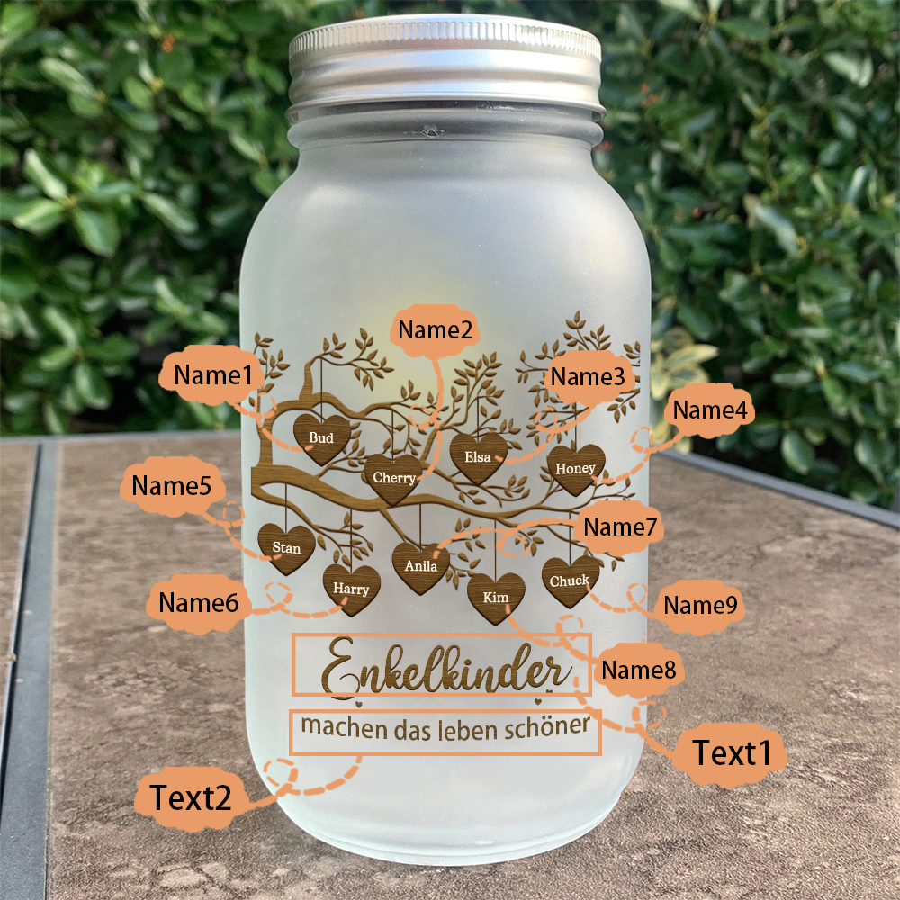 Personalisierte 9 Namen & 2 Texte Glasflasche-Enkelkinder machen das Leben schöner-Weihnachten Licht mit Lebensbaum für Großeltern Familie