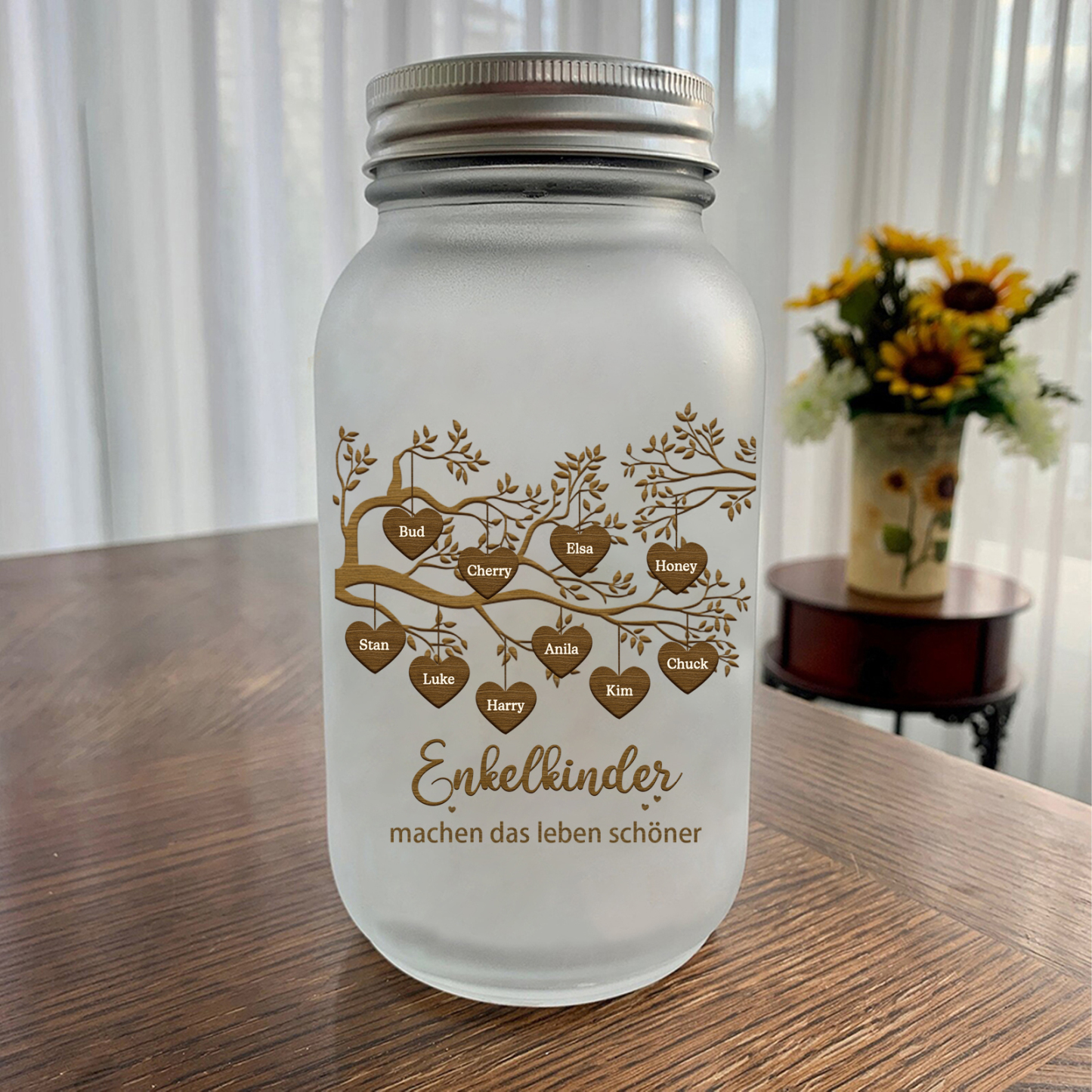 Personalisierte 10 Namen & 2 Texte Glasflasche-Enkelkinder machen das Leben schöner-Weihnachten Licht mit Lebensbaum für Großeltern Familie