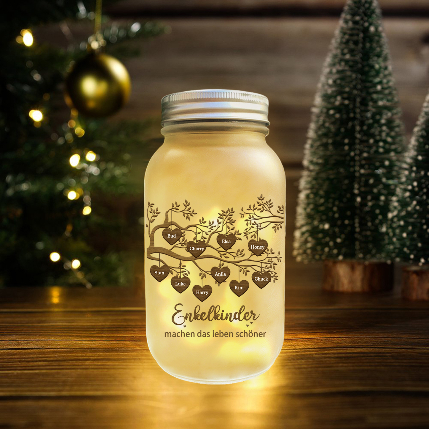 Personalisierte 10 Namen & 2 Texte Glasflasche-Enkelkinder machen das Leben schöner-Weihnachten Licht mit Lebensbaum für Großeltern Familie