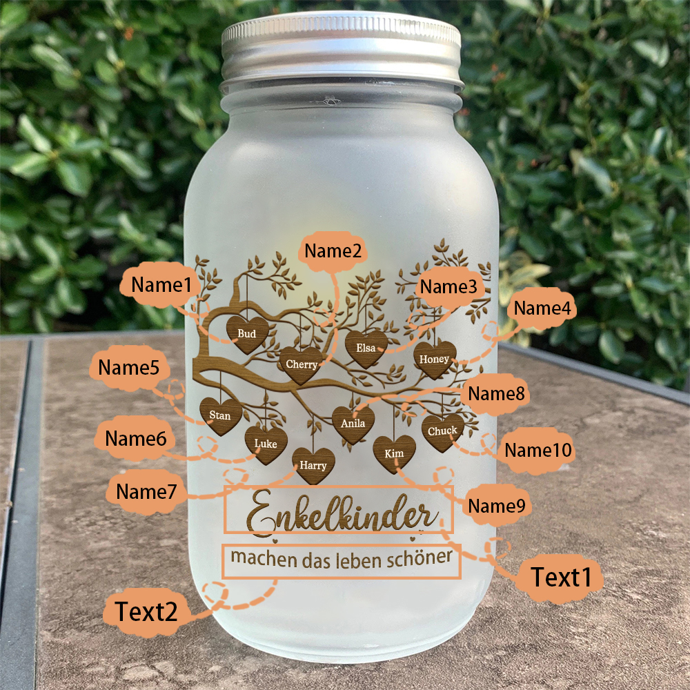 Personalisierte 10 Namen & 2 Texte Glasflasche-Enkelkinder machen das Leben schöner-Weihnachten Licht mit Lebensbaum für Großeltern Familie