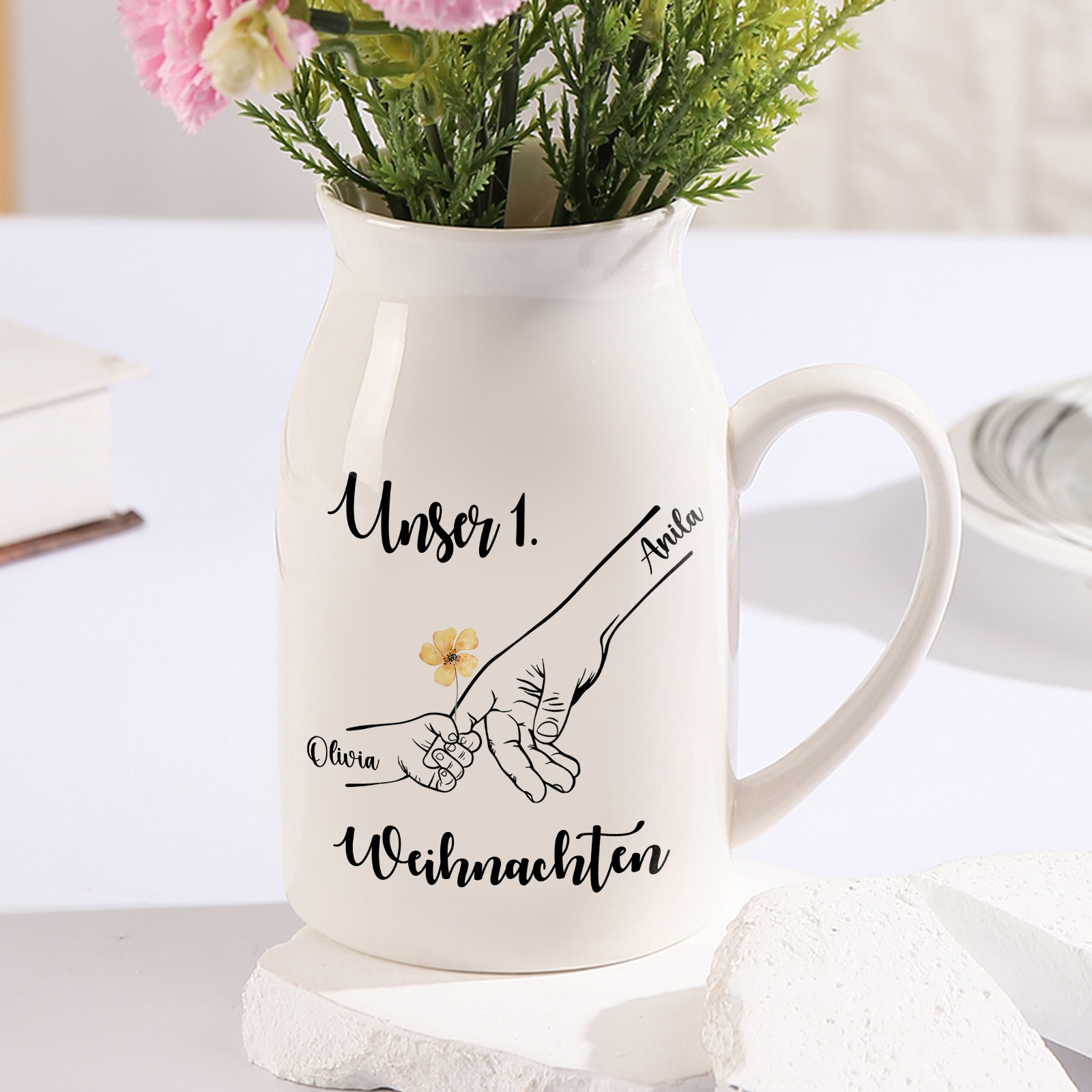 Personalisierte 2 Namen Hand in Hand Blumenvase -Unser 1. Weihnachten- Perfektes Weihnachtsgeschenk