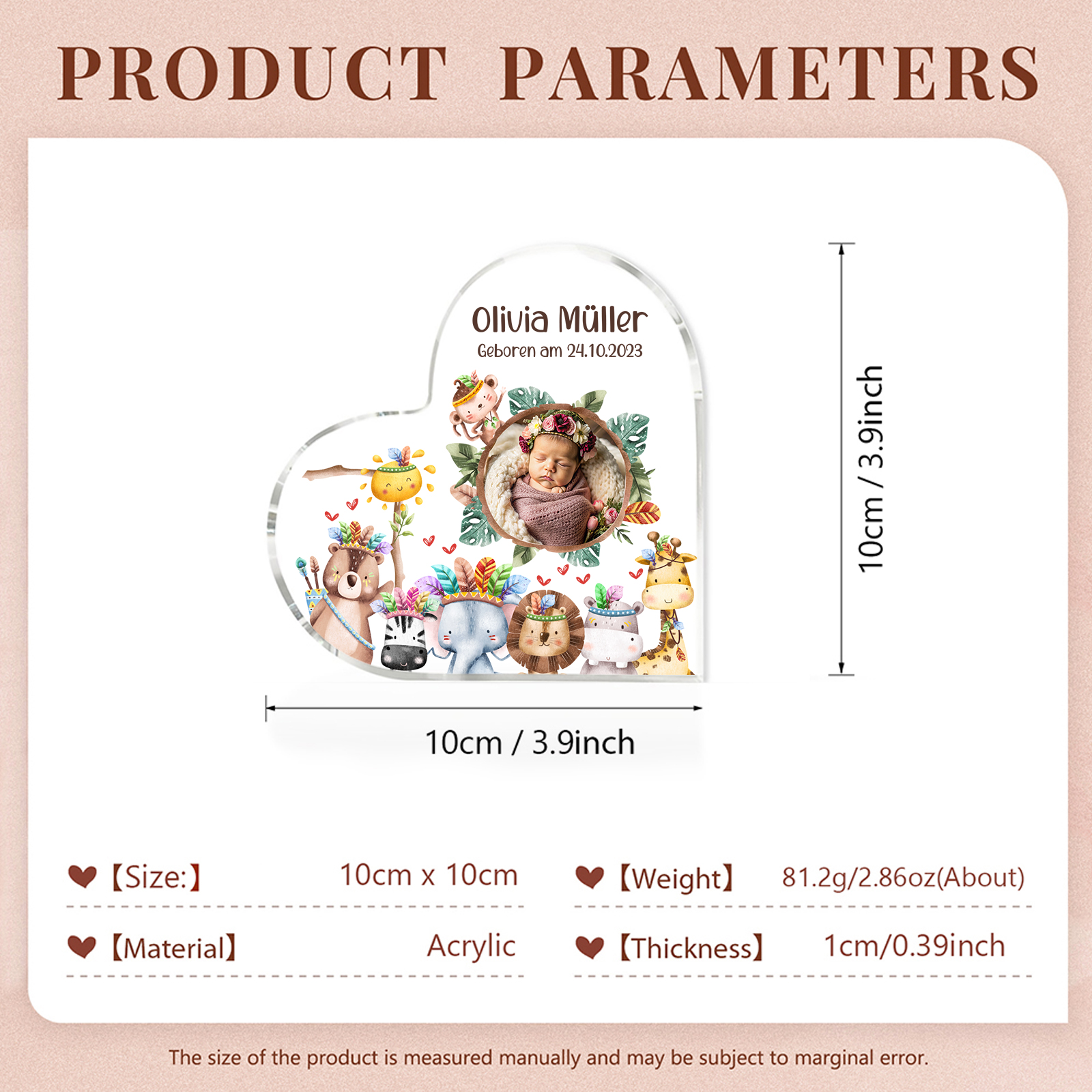 Personalisierter 1 Name & Foto & Text Herz Acryl-Deko Neugeborene Schreibtischdekoration – Ein besonderes Andenken für Baby