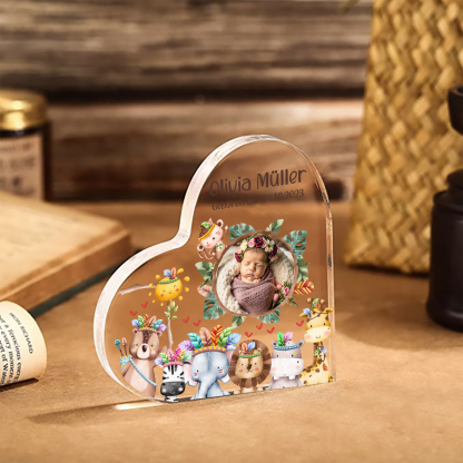 Personalisierter 1 Name & Foto & Text Herz Acryl-Deko Neugeborene Schreibtischdekoration – Ein besonderes Andenken für Baby