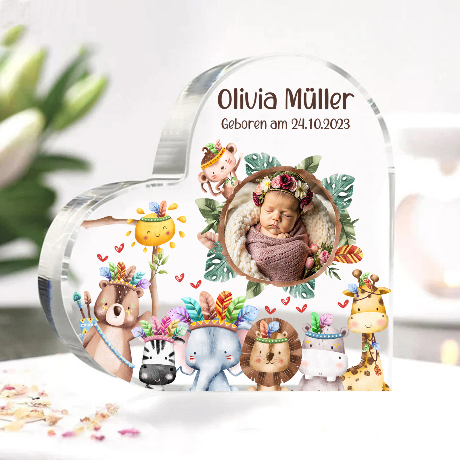 Personalisierter 1 Name & Foto & Text Herz Acryl-Deko Neugeborene Schreibtischdekoration – Ein besonderes Andenken für Baby