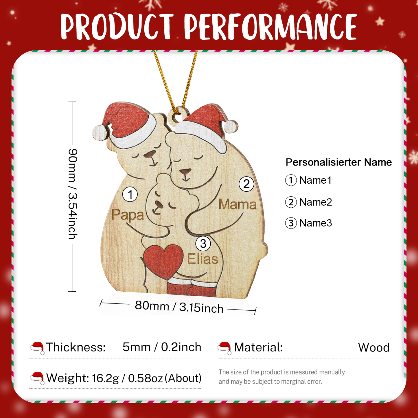 Holz Personalisierte 3-7 Namen Bärenfamilie Weihnachtsornament mit 3-7 Familienmitgliedern