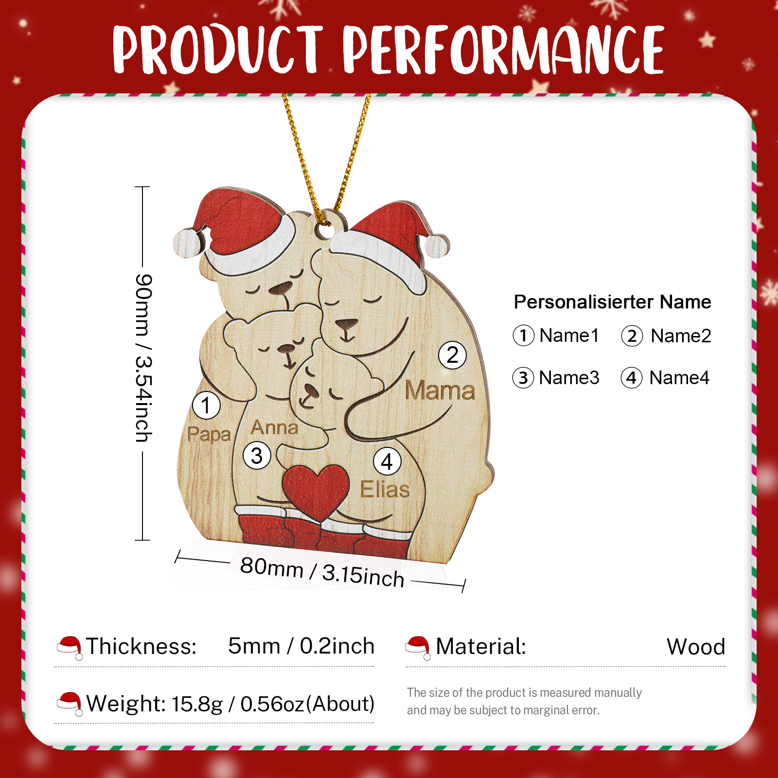 Holz Personalisierte 3-7 Namen Bärenfamilie Weihnachtsornament mit 3-7 Familienmitgliedern