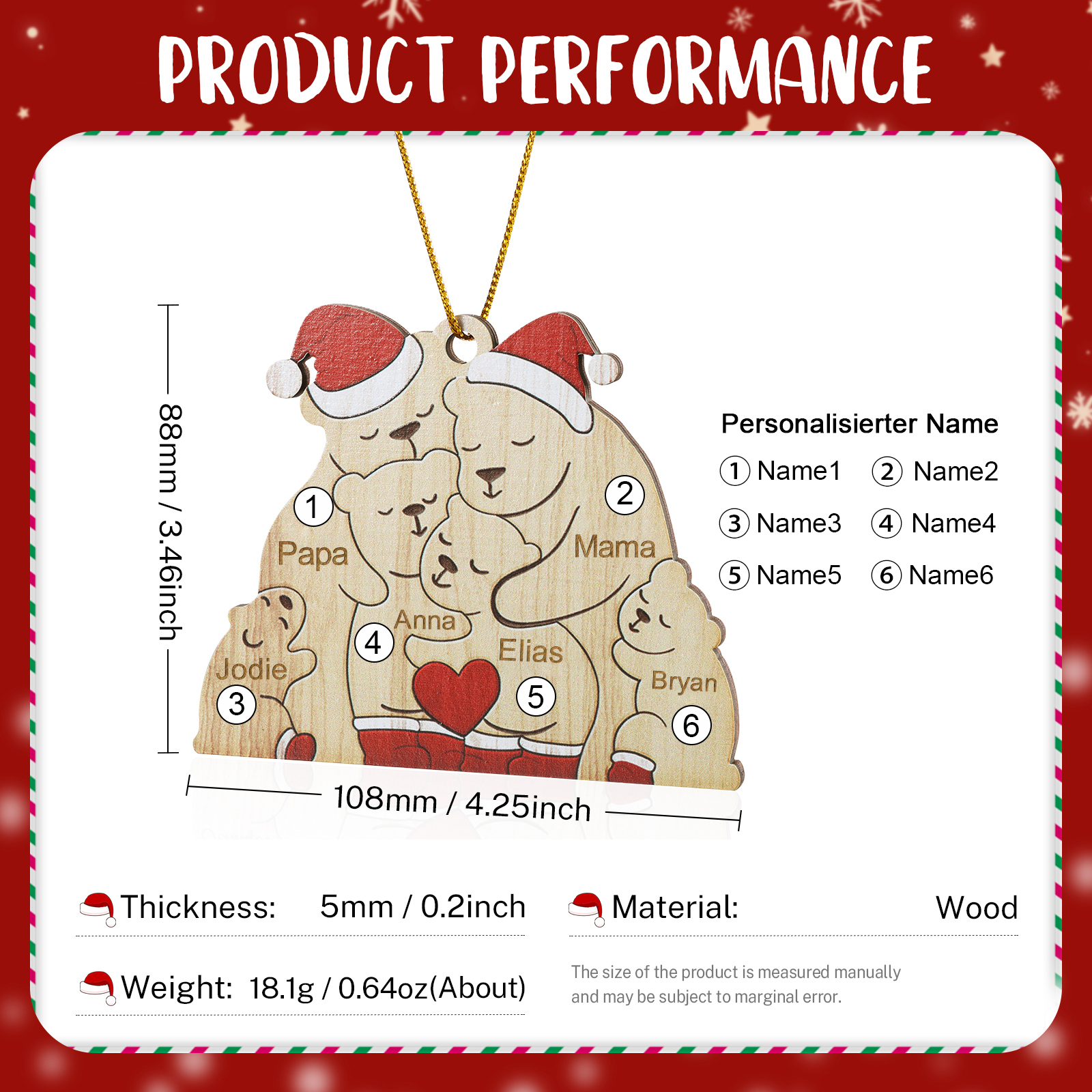 Holz Personalisierte 3-7 Namen Bärenfamilie Weihnachtsornament mit 3-7 Familienmitgliedern