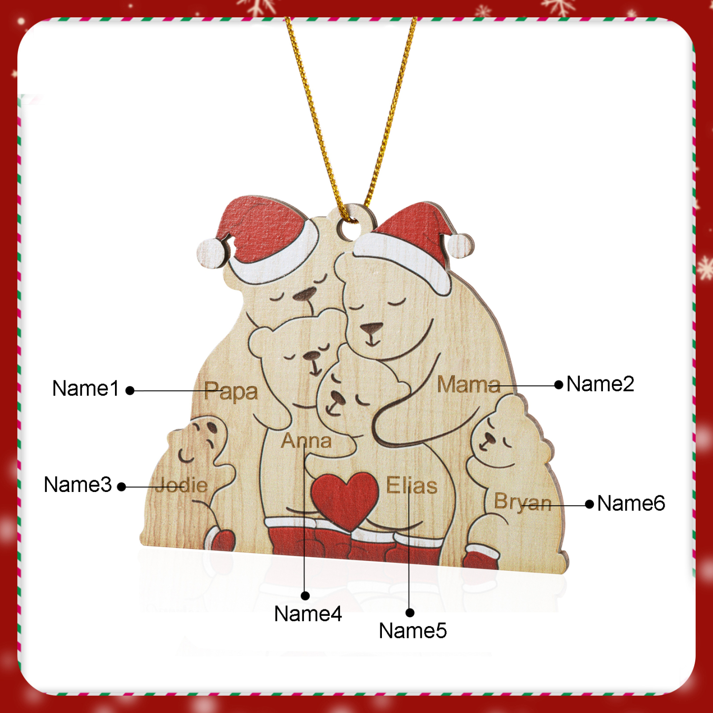 Holz Personalisierte 3-7 Namen Bärenfamilie Weihnachtsornament mit 3-7 Familienmitgliedern
