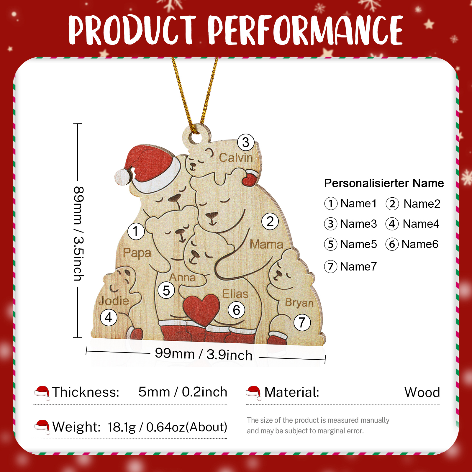 Holz Personalisierte 3-7 Namen Bärenfamilie Weihnachtsornament mit 3-7 Familienmitgliedern