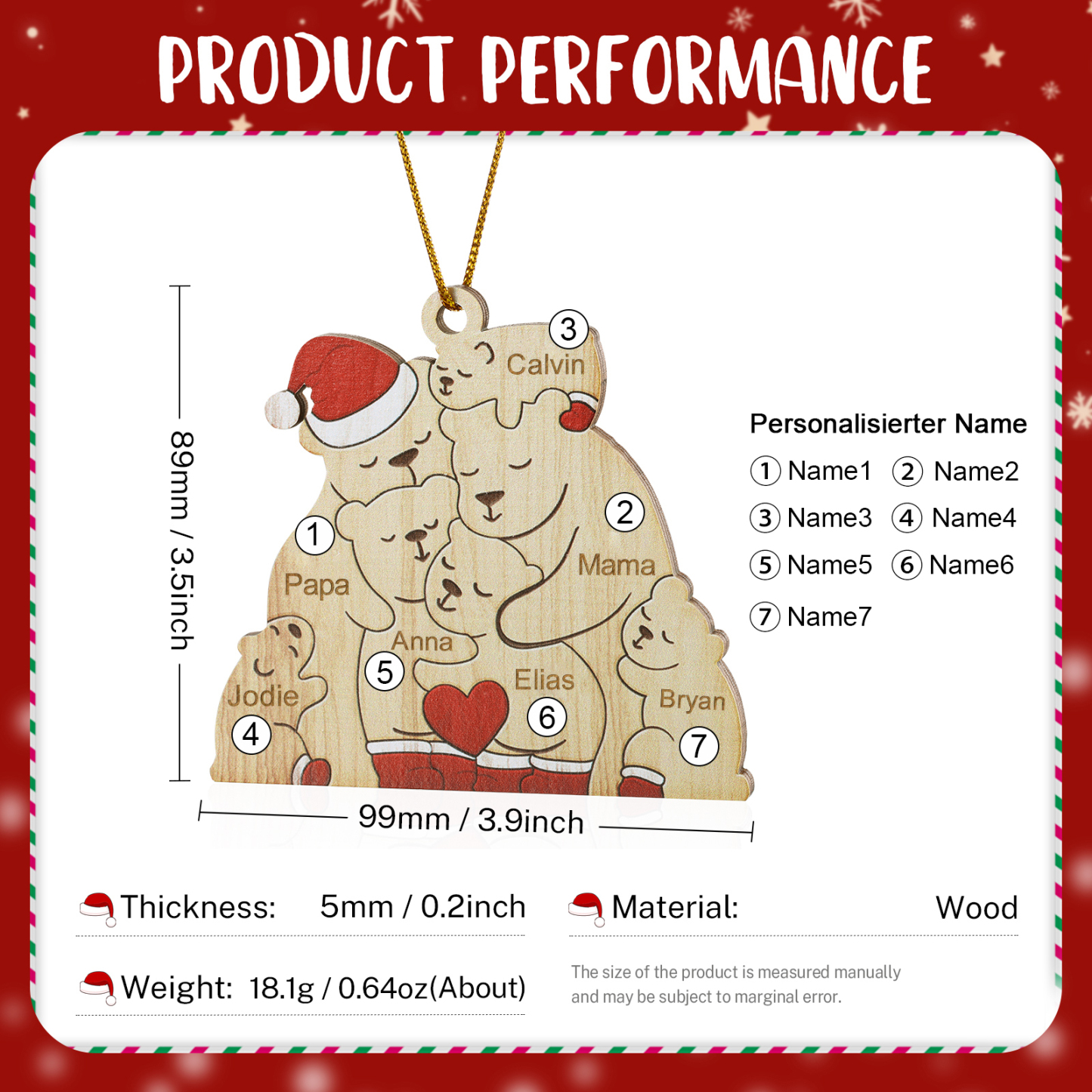 Holz Personalisierte 3-7 Namen Bärenfamilie Weihnachtsornament mit 3-7 Familienmitgliedern