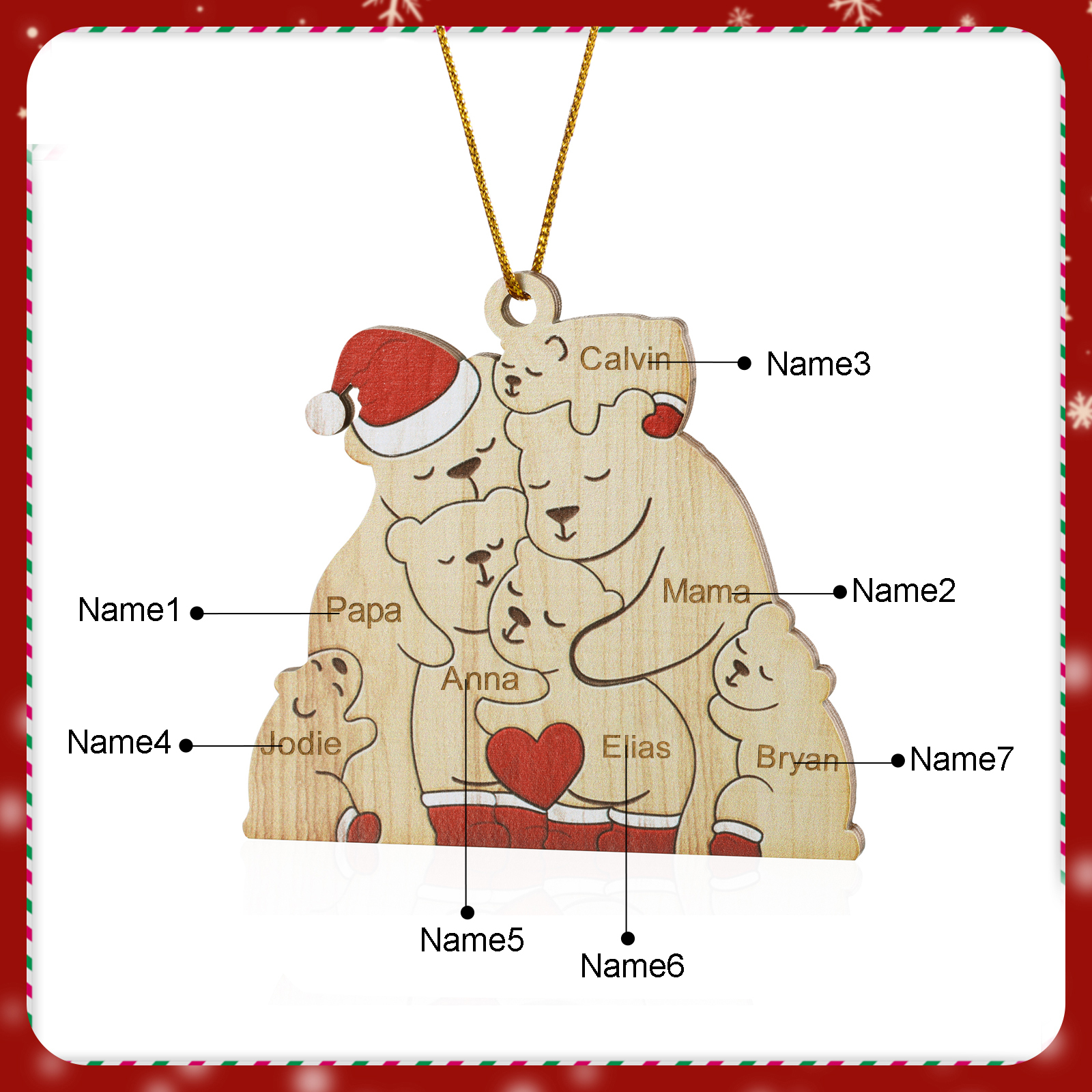 Holz Personalisierte 3-7 Namen Bärenfamilie Weihnachtsornament mit 3-7 Familienmitgliedern