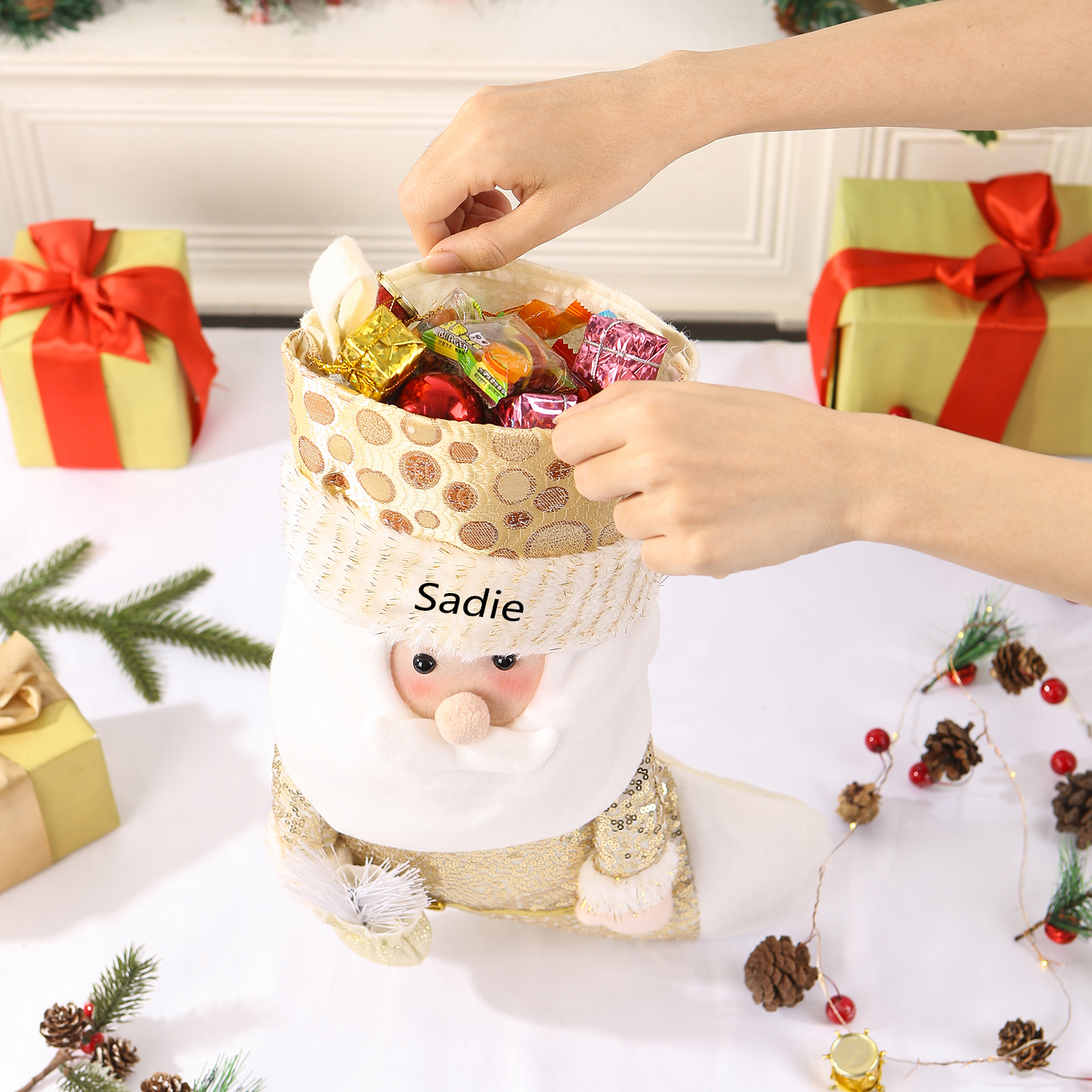 Weihnachtssocke-Personalisierter 1 Name Champagner-Farbe Polyester Kinder Süßigkeiten Weihnachtsstrumpf