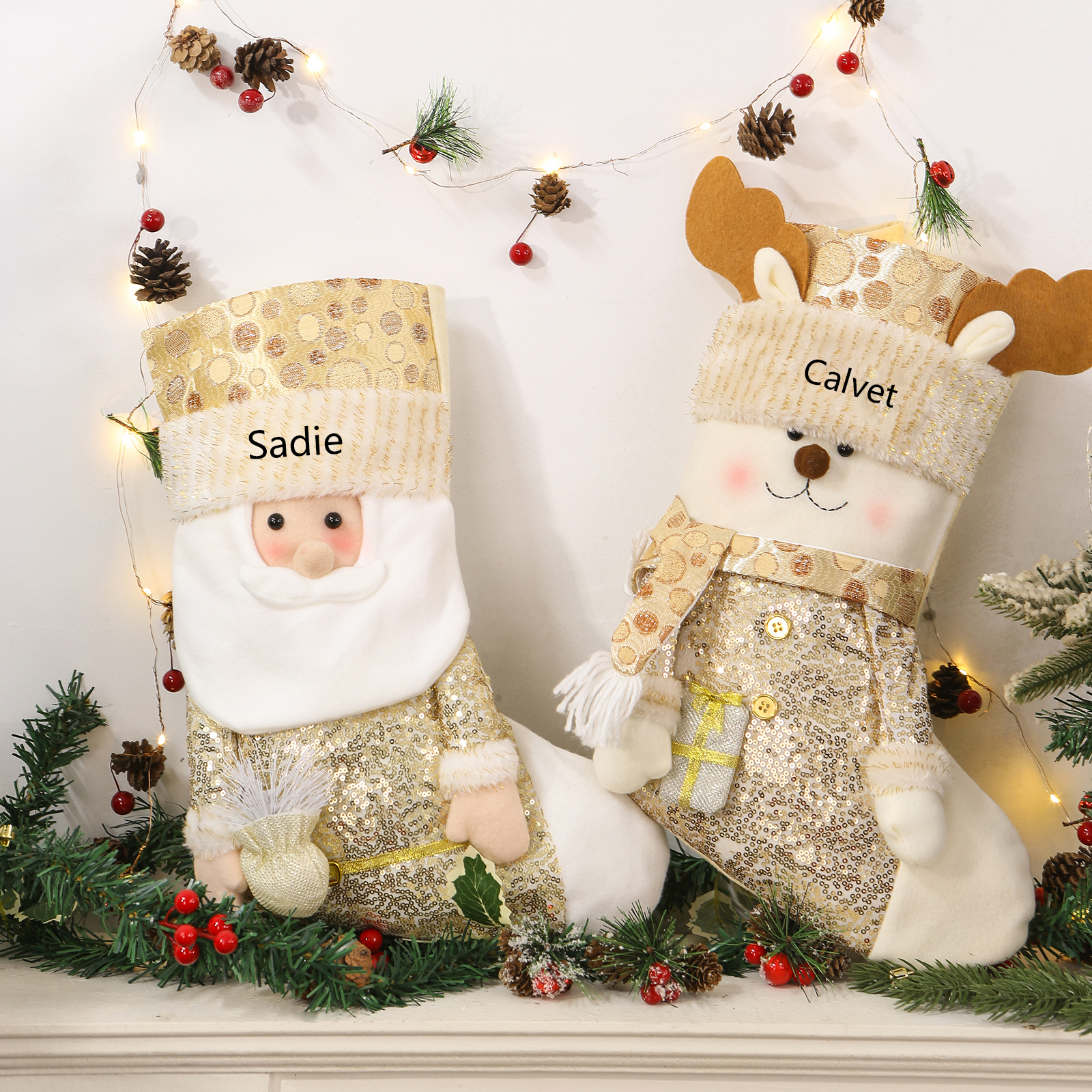 Weihnachtssocke-Personalisierter 1 Name Champagner-Farbe Polyester Kinder Süßigkeiten Weihnachtsstrumpf