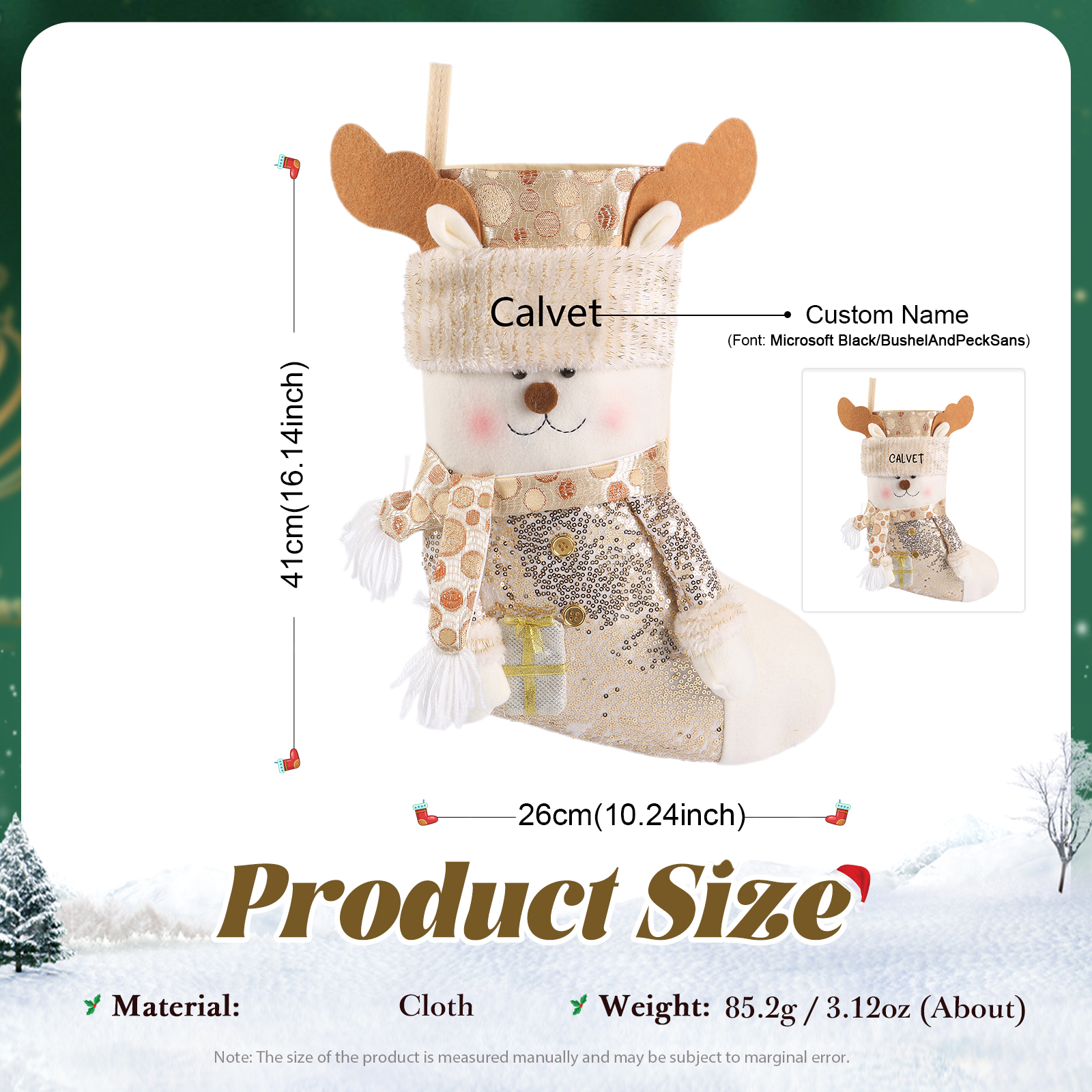 Weihnachtssocke-Personalisierter 1 Name Champagner-Farbe Polyester Kinder Süßigkeiten Weihnachtsstrumpf