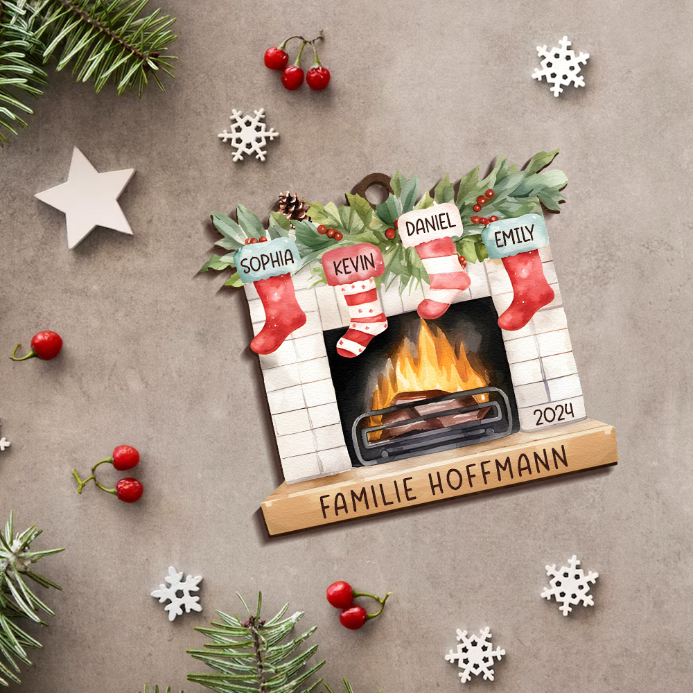 Personalisierte 4 Namen & Text & Jahr Kamin Weihnachtsornament – Individueller Familienanhänger