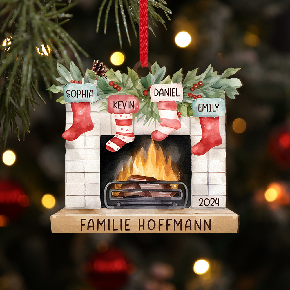 Personalisierte 4 Namen & Text & Jahr Kamin Weihnachtsornament – Individueller Familienanhänger