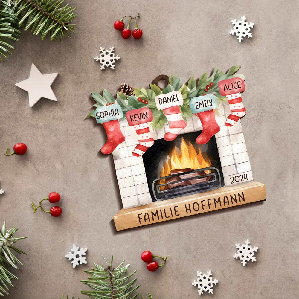 Personalisierte 5 Namen & Text & Jahr Kamin Weihnachtsornament – Individueller Familienanhänger