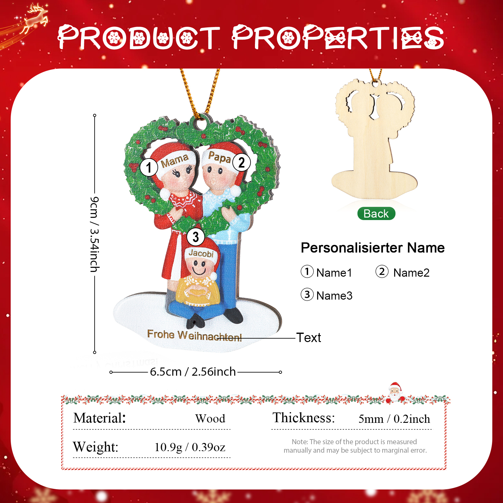 Personalisierter Text & 3-5 Namen Weihnachtsornament – Familie Holz-Anhänger mit Herzkranz für Weihnachtsbaum