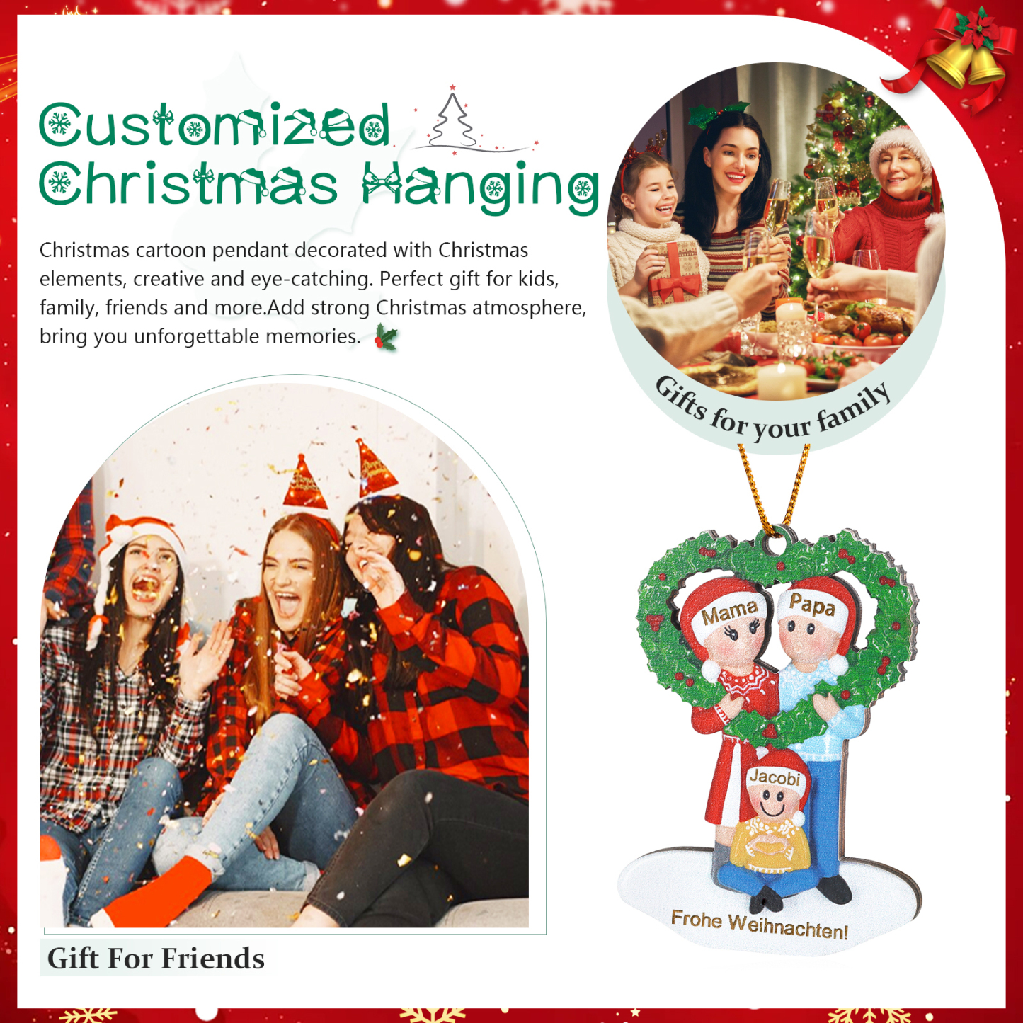 Personalisierter Text & 3-5 Namen Weihnachtsornament – Familie Holz-Anhänger mit Herzkranz für Weihnachtsbaum