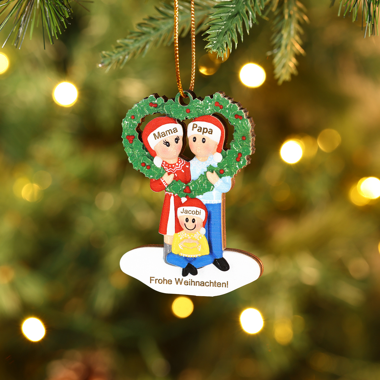 Personalisierter Text & 3-5 Namen Weihnachtsornament – Familie Holz-Anhänger mit Herzkranz für Weihnachtsbaum