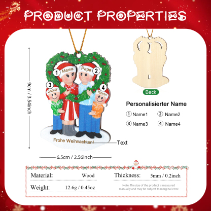 Personalisierter Text & 3-5 Namen Weihnachtsornament – Familie Holz-Anhänger mit Herzkranz für Weihnachtsbaum