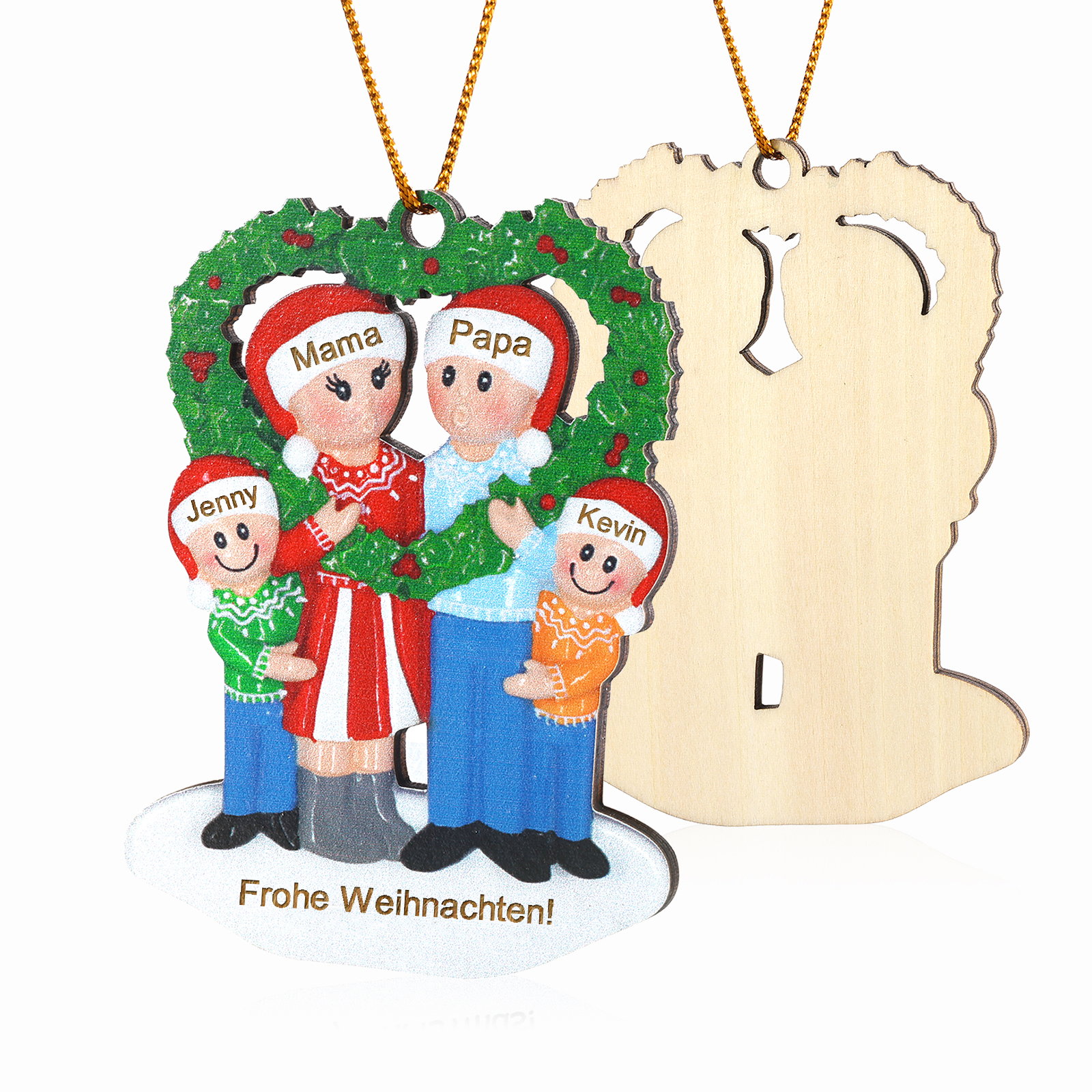 Personalisierter Text & 3-5 Namen Weihnachtsornament – Familie Holz-Anhänger mit Herzkranz für Weihnachtsbaum
