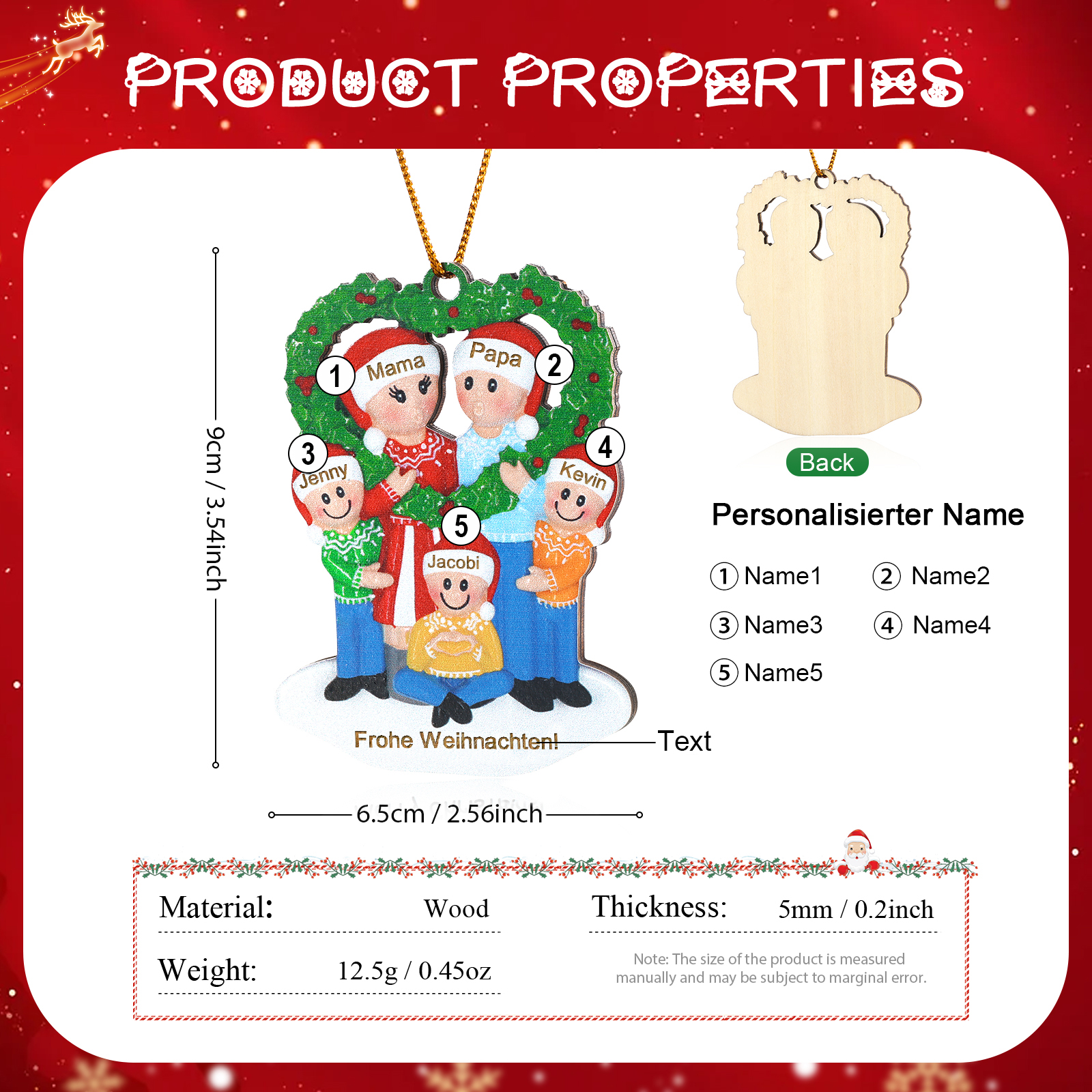 Personalisierter Text & 3-5 Namen Weihnachtsornament – Familie Holz-Anhänger mit Herzkranz für Weihnachtsbaum