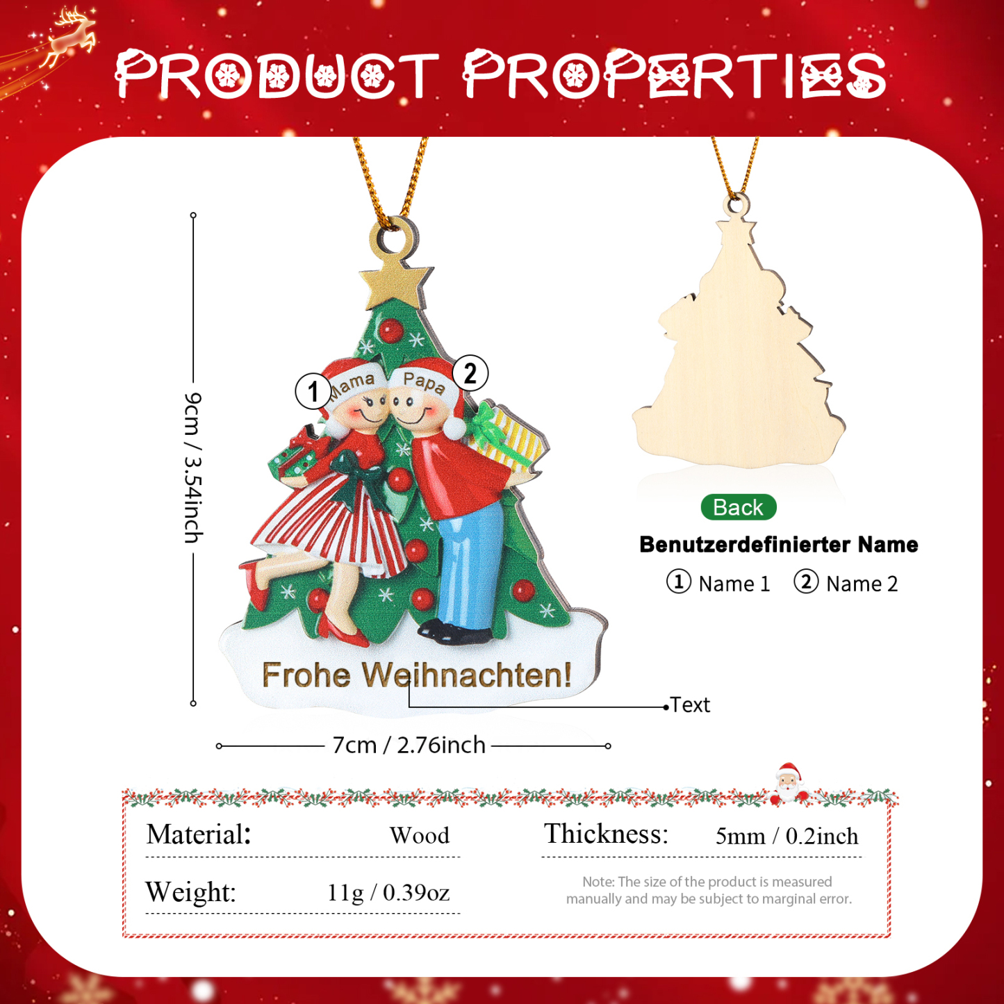 Personalisierte 2-5 Namen & Text Weihnachtsornament Weihnachtsbaum Holz-Anhänger für Familie