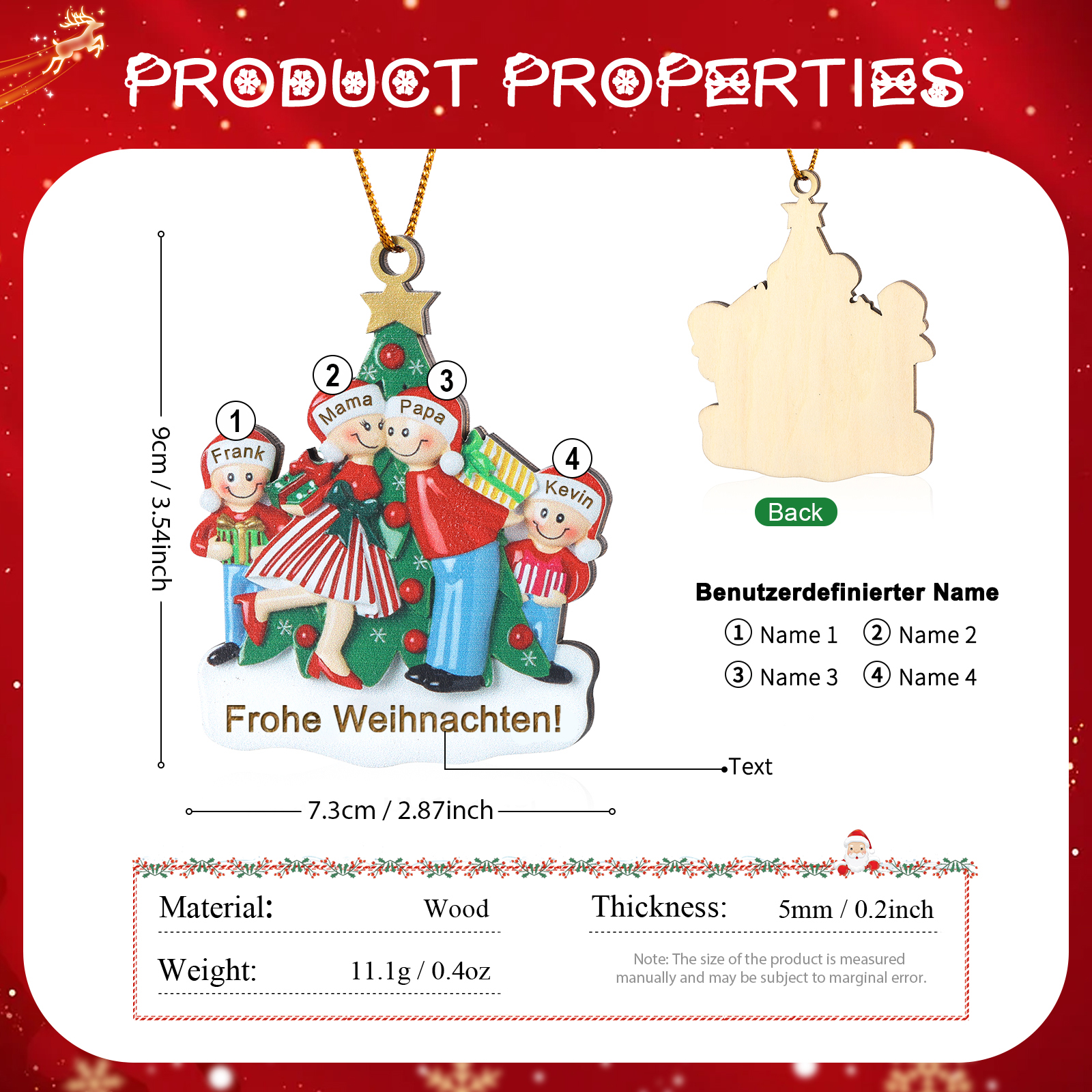 Personalisierte 2-5 Namen & Text Weihnachtsornament Weihnachtsbaum Holz-Anhänger für Familie