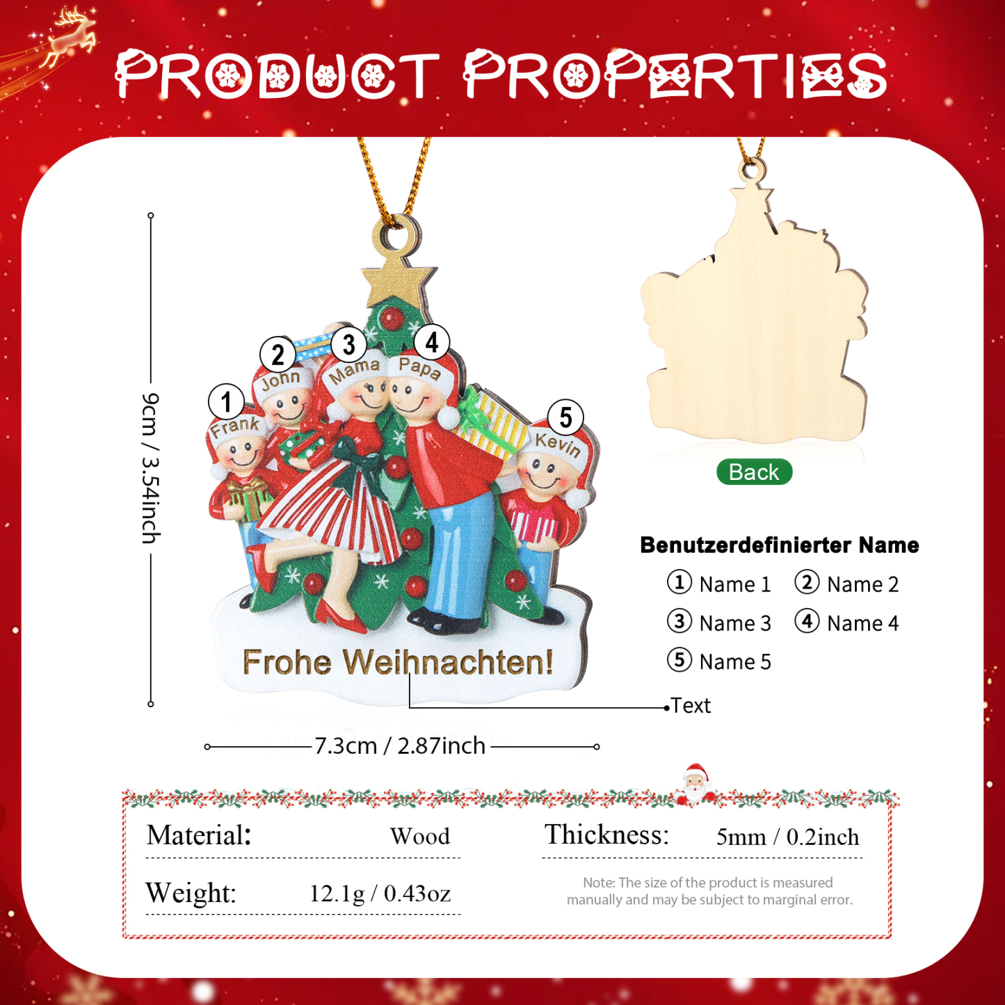 Personalisierte 2-5 Namen & Text Weihnachtsornament Weihnachtsbaum Holz-Anhänger für Familie
