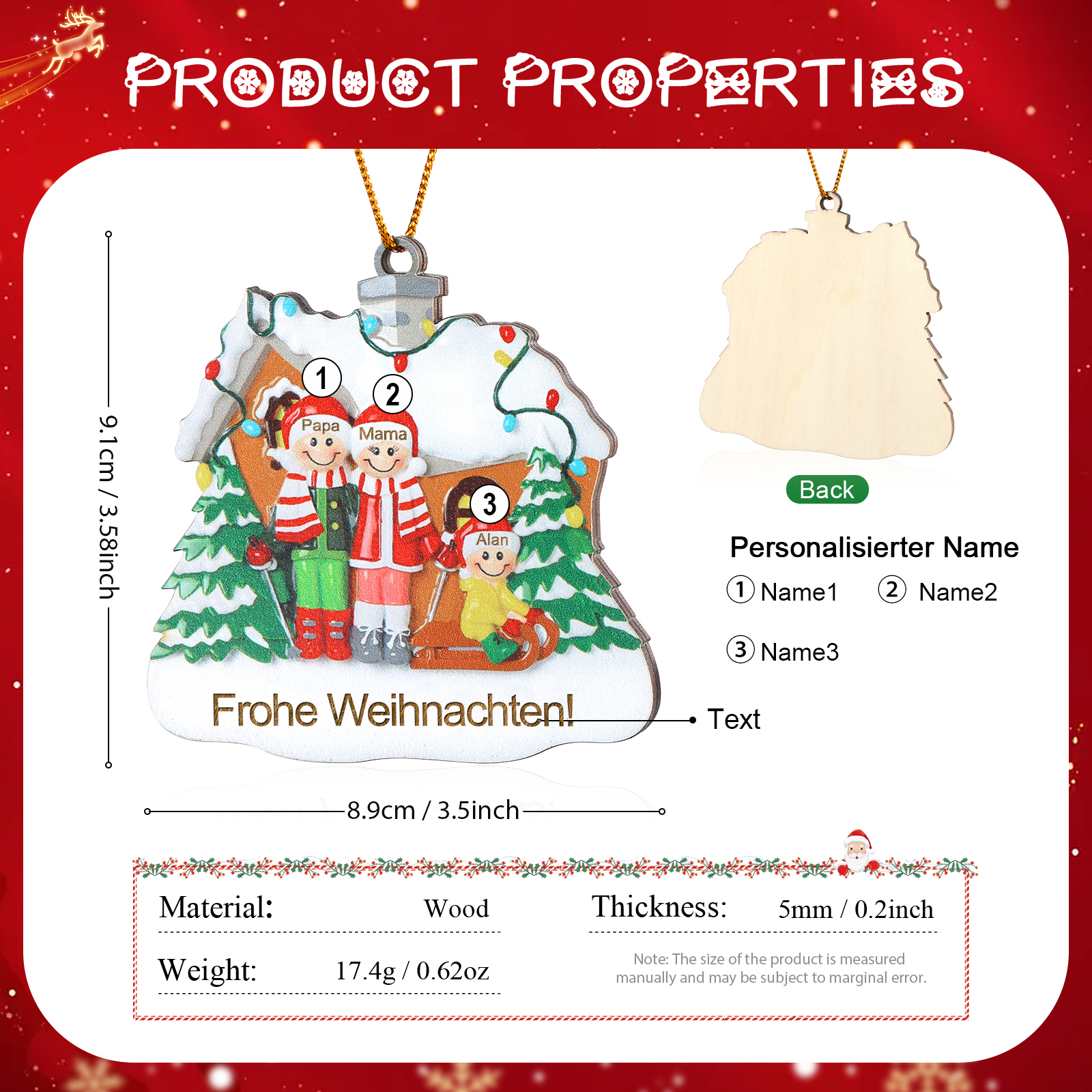Personalisierte 3-5 Namen & Text Holz Weihnachtsornament Weihnachtsbaum Anhänger mit 3-5 Familienmitgliedern