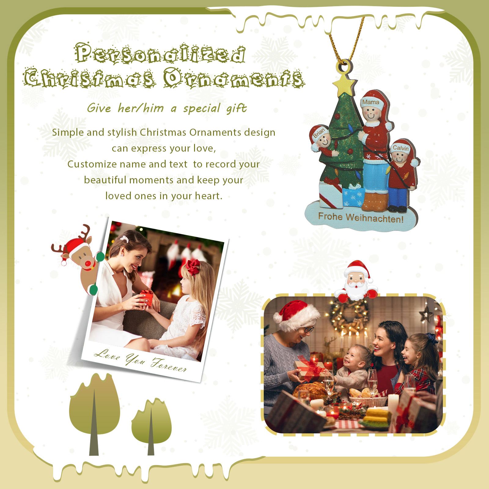 Holz Weihnachtsornament – Personalisierter Text & 3 Namen Mama & Kinder mit Weihnachtsbaum Weihnachtsanhänger