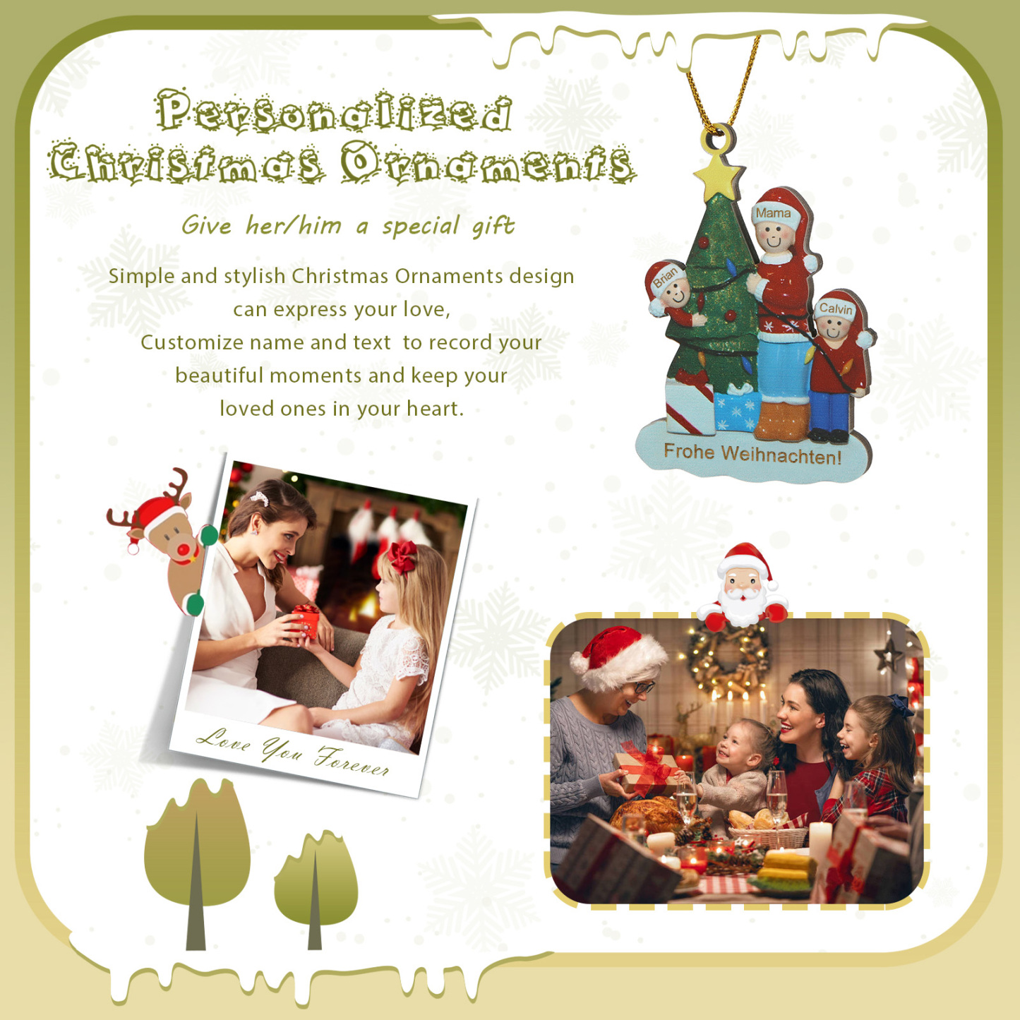 Holz Weihnachtsornament – Personalisierter Text & 3 Namen Mama & Kinder mit Weihnachtsbaum Weihnachtsanhänger