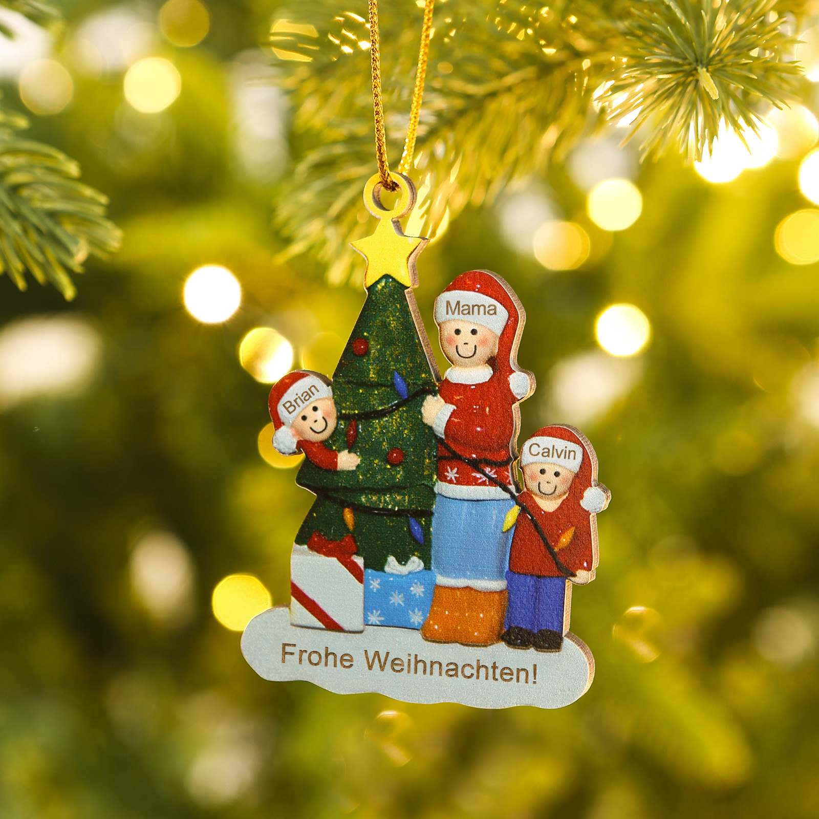 Holz Weihnachtsornament – Personalisierter Text & 3 Namen Mama & Kinder mit Weihnachtsbaum Weihnachtsanhänger