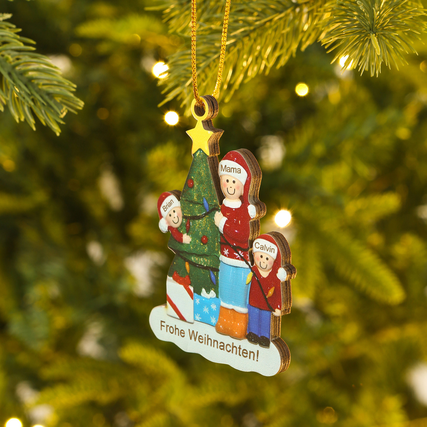 Holz Weihnachtsornament – Personalisierter Text & 3 Namen Mama & Kinder mit Weihnachtsbaum Weihnachtsanhänger