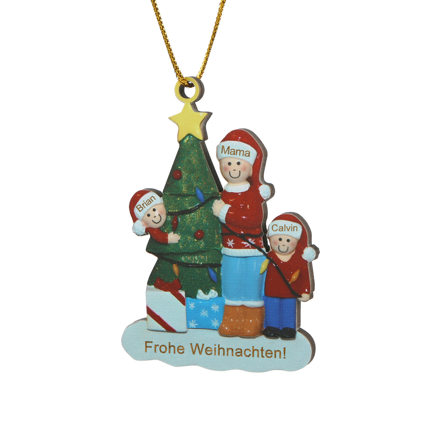 Holz Weihnachtsornament – Personalisierter Text & 3 Namen Mama & Kinder mit Weihnachtsbaum Weihnachtsanhänger