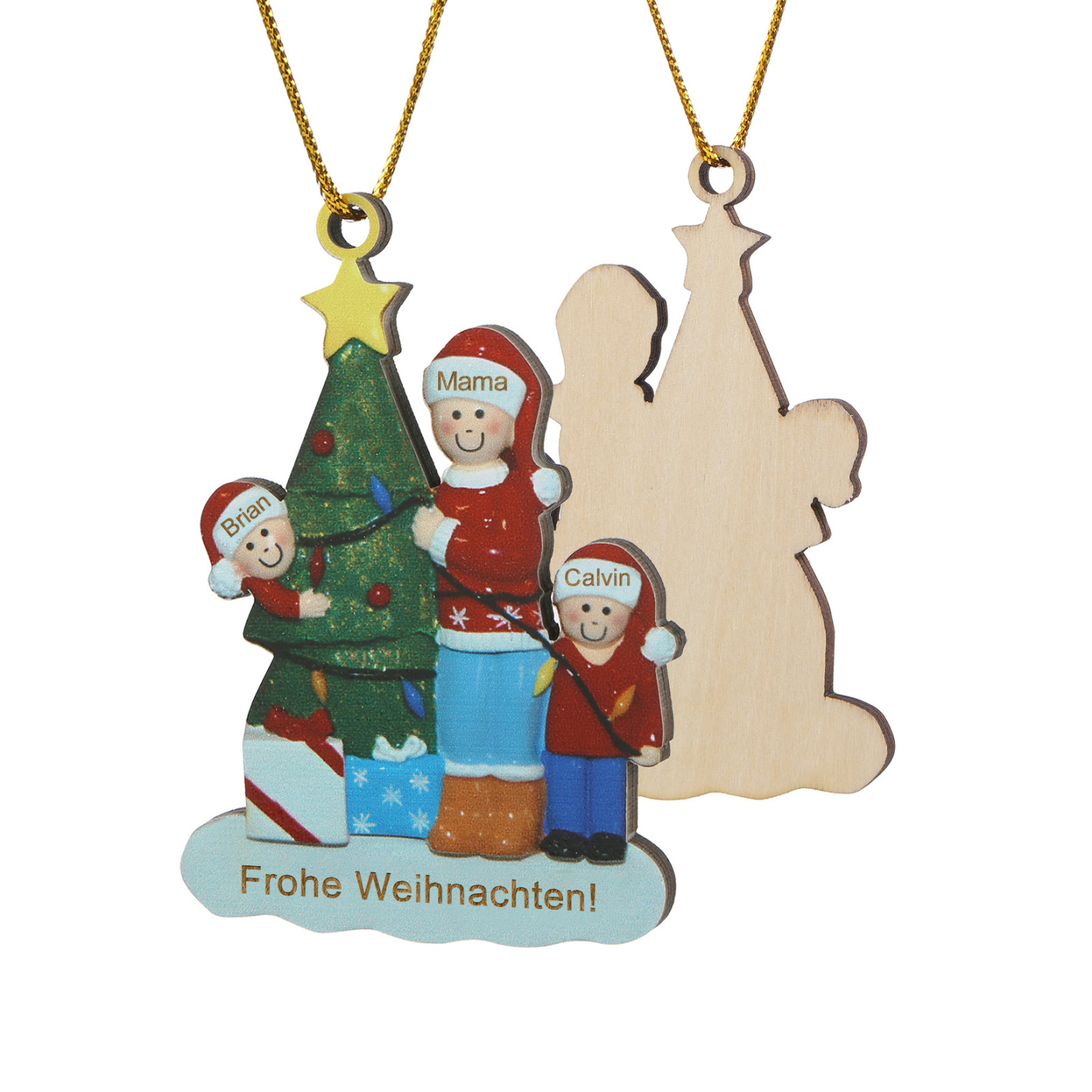Holz Weihnachtsornament – Personalisierter Text & 3 Namen Mama & Kinder mit Weihnachtsbaum Weihnachtsanhänger