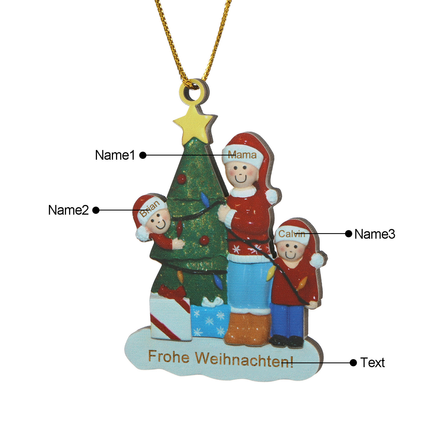 Holz Weihnachtsornament – Personalisierter Text & 3 Namen Mama & Kinder mit Weihnachtsbaum Weihnachtsanhänger