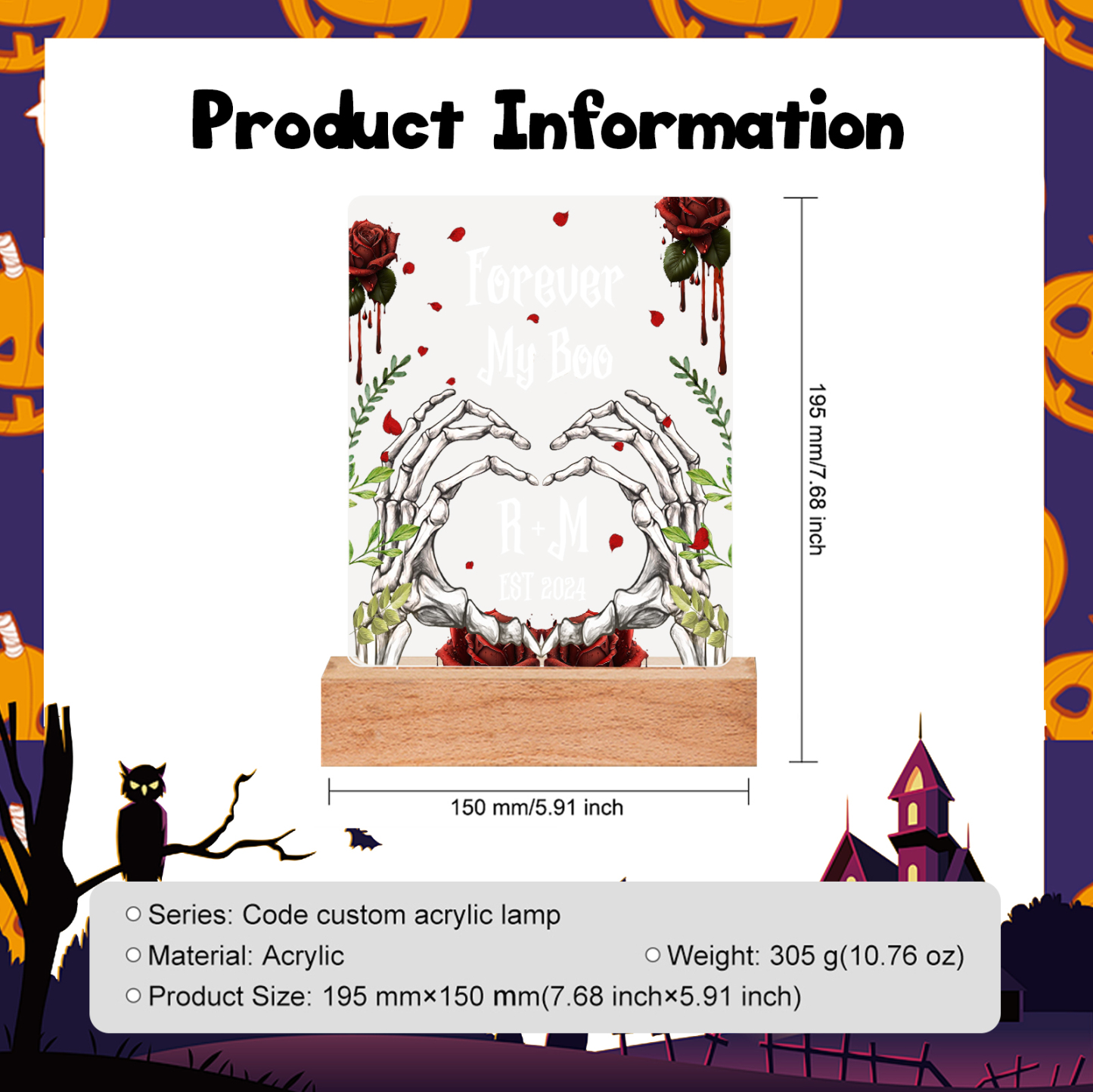 Personalisierter 1 Text & 2 Buchstaben & Jahr Halloween Skelett-Hände & Rosen Acryldeko