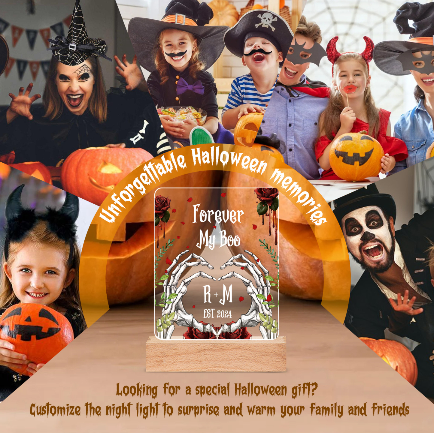 Personalisierter 1 Text & 2 Buchstaben & Jahr Halloween Skelett-Hände & Rosen Acryldeko