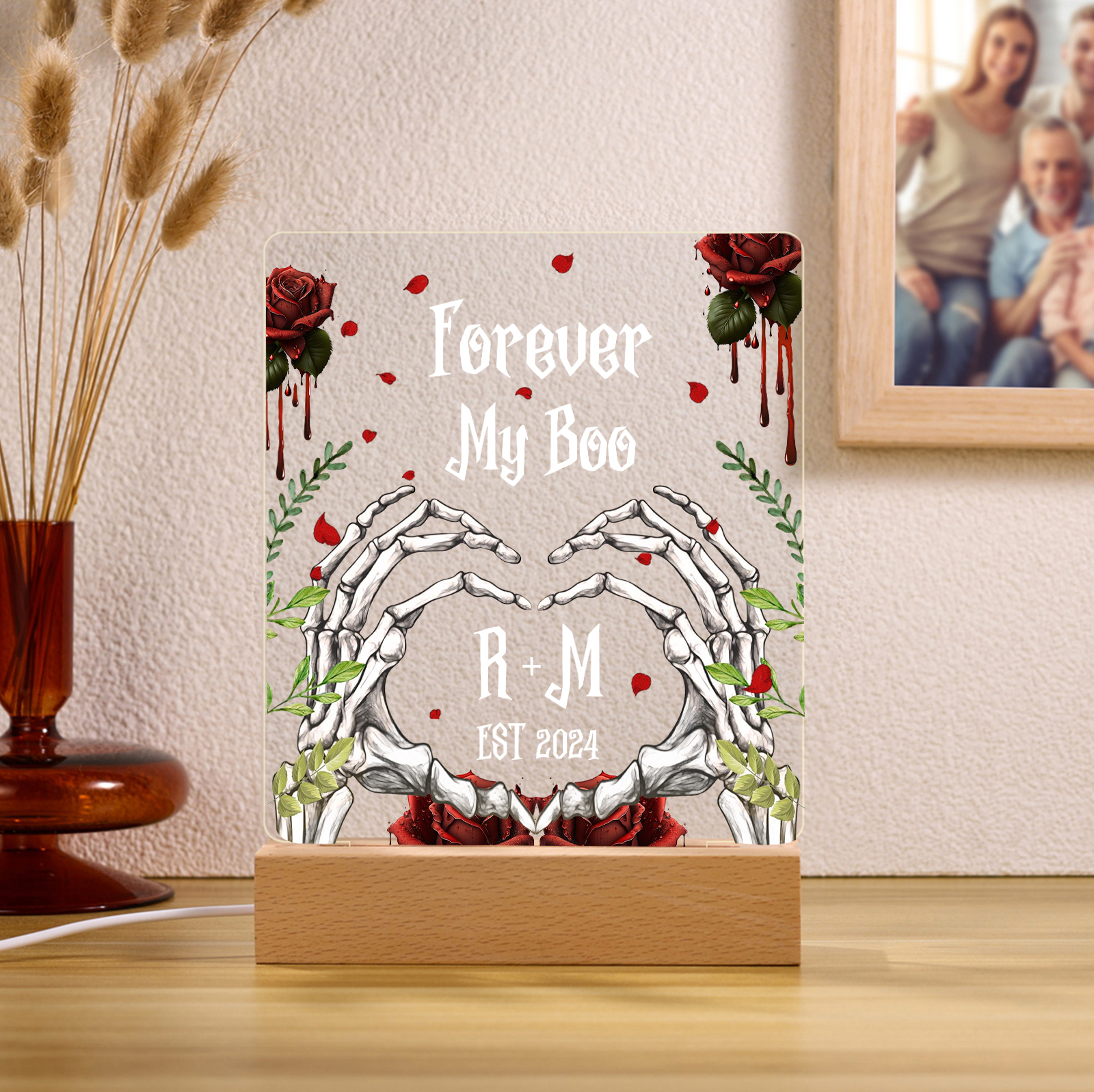 Personalisierter 1 Text & 2 Buchstaben & Jahr Halloween Skelett-Hände & Rosen Acryldeko