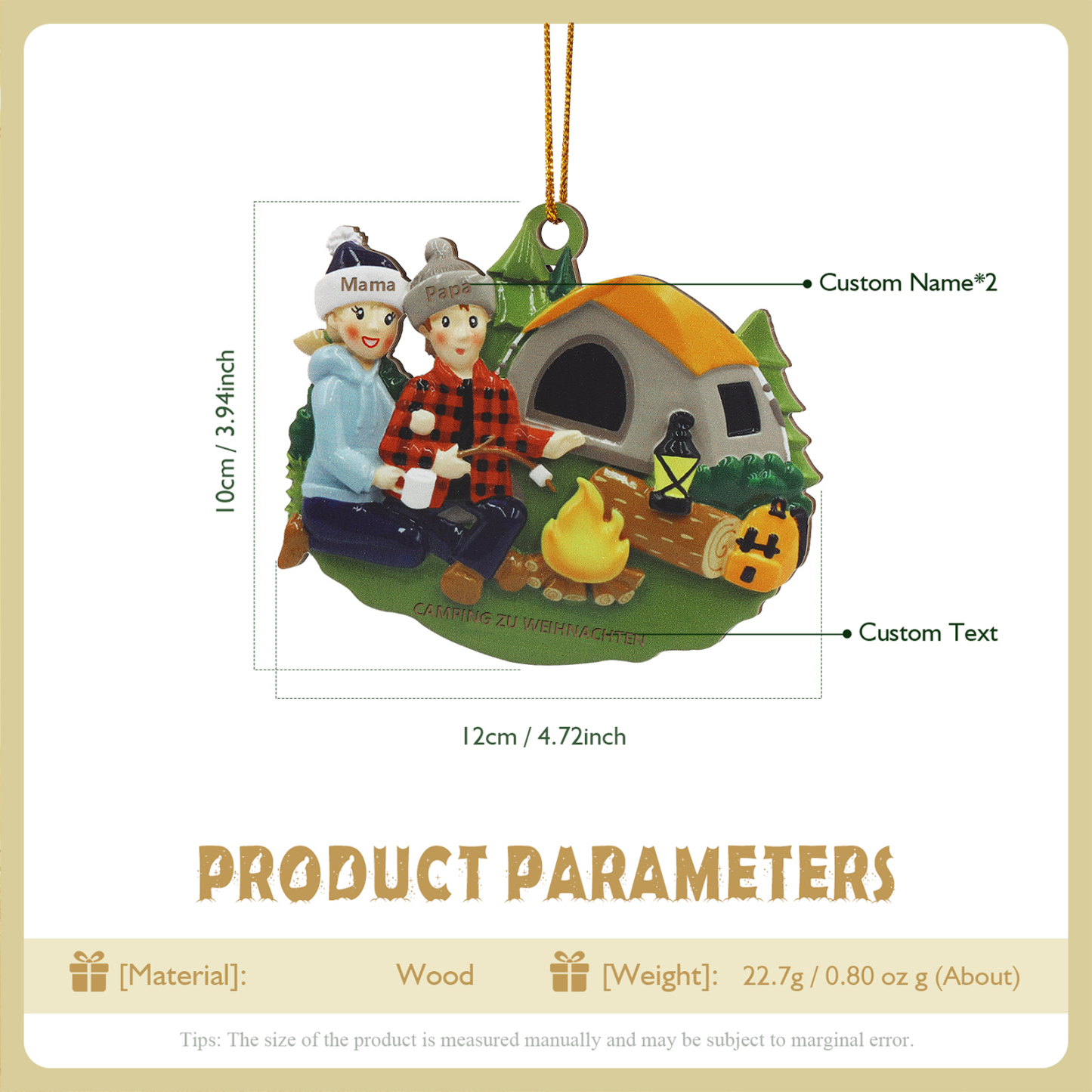 Personalisierter Text & 2-6 Namen Weihnachtsornament – Camping Weihnachtsbaum Holz-Anhänger für Familie