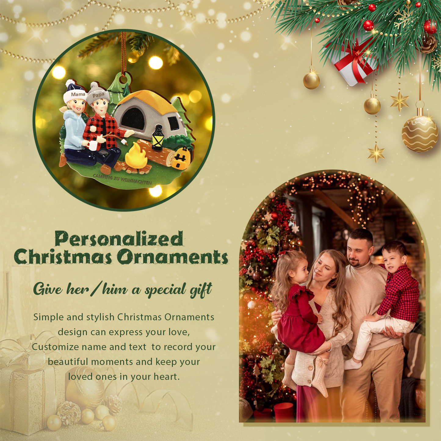 Personalisierter Text & 2-6 Namen Weihnachtsornament – Camping Weihnachtsbaum Holz-Anhänger für Familie