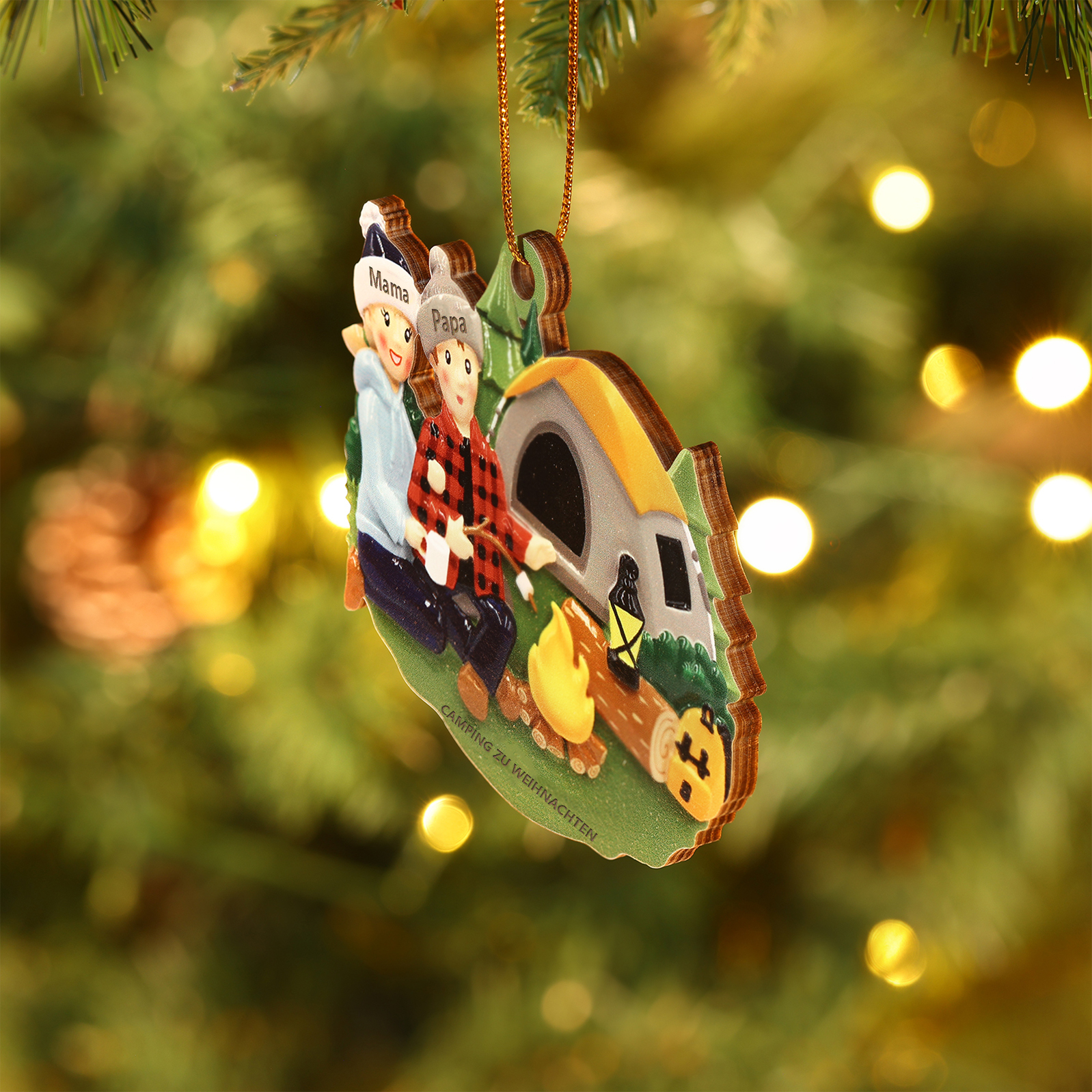 Personalisierter Text & 2-6 Namen Weihnachtsornament – Camping Weihnachtsbaum Holz-Anhänger für Familie