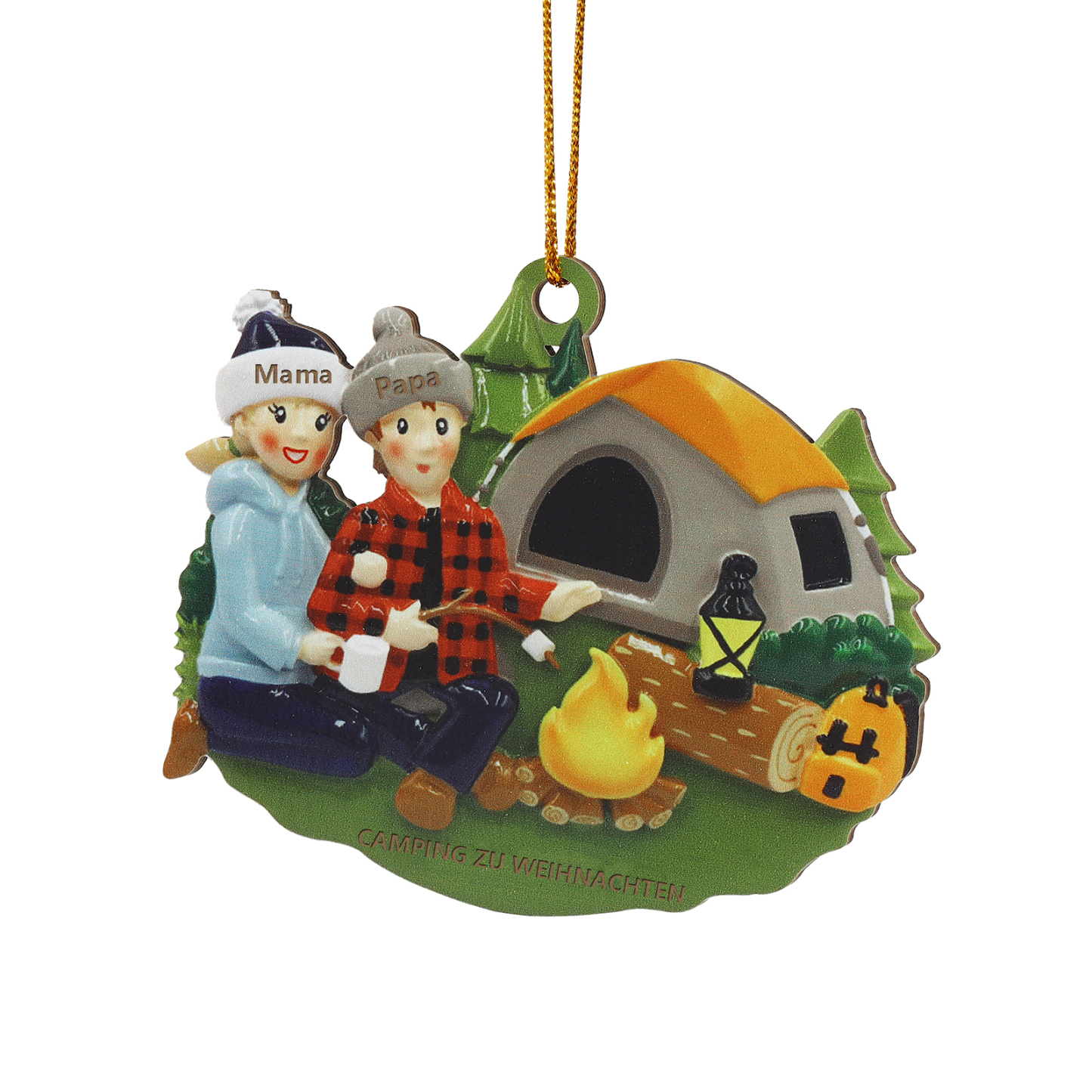 Personalisierter Text & 2-6 Namen Weihnachtsornament – Camping Weihnachtsbaum Holz-Anhänger für Familie