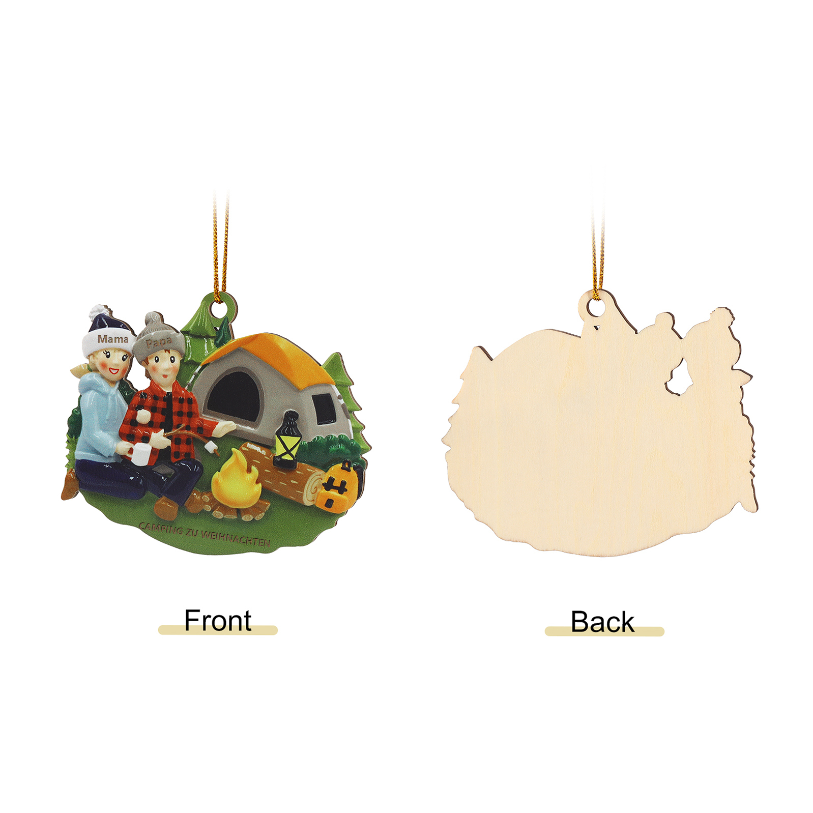 Personalisierter Text & 2-6 Namen Weihnachtsornament – Camping Weihnachtsbaum Holz-Anhänger für Familie