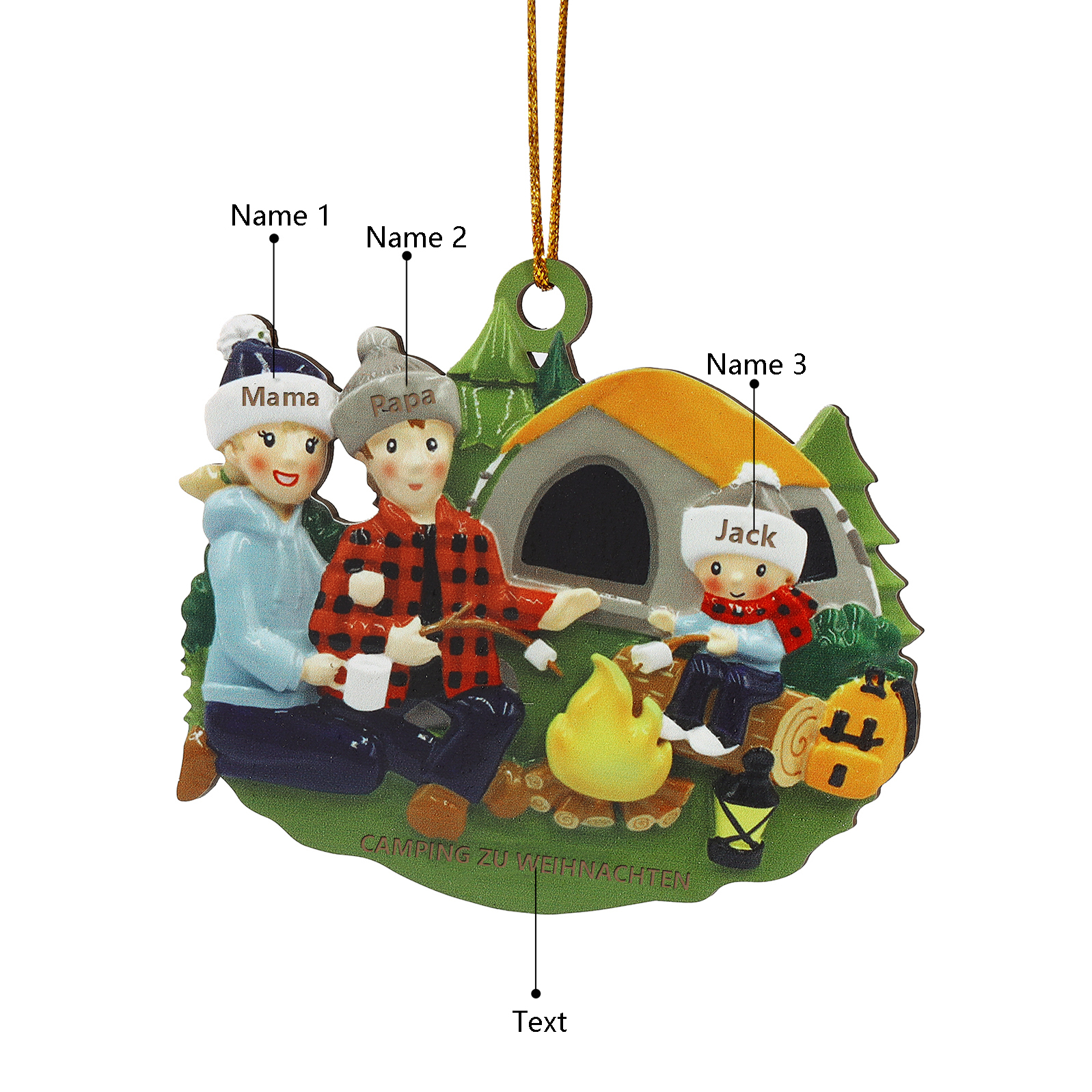 Personalisierter Text & 2-6 Namen Weihnachtsornament – Camping Weihnachtsbaum Holz-Anhänger für Familie