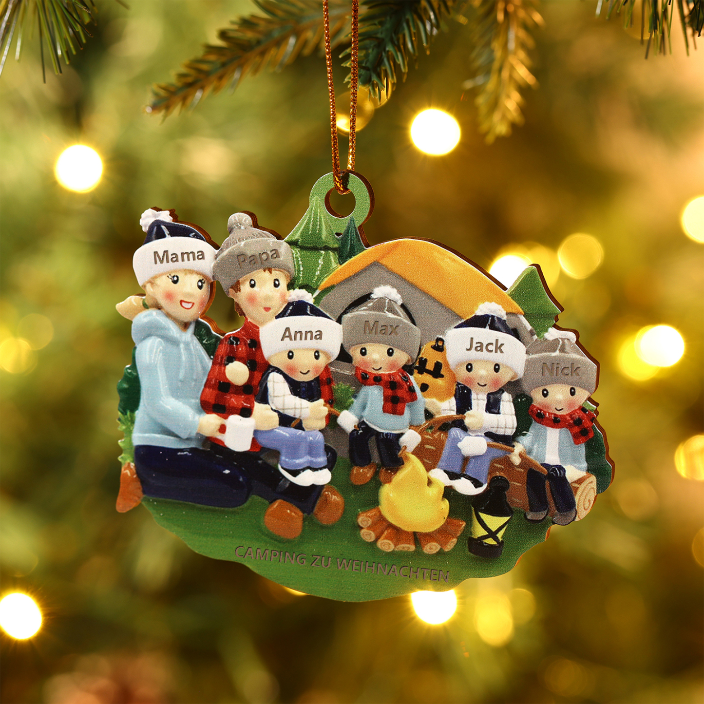 Personalisierter Text & 2-6 Namen Weihnachtsornament – Camping Weihnachtsbaum Holz-Anhänger für Familie